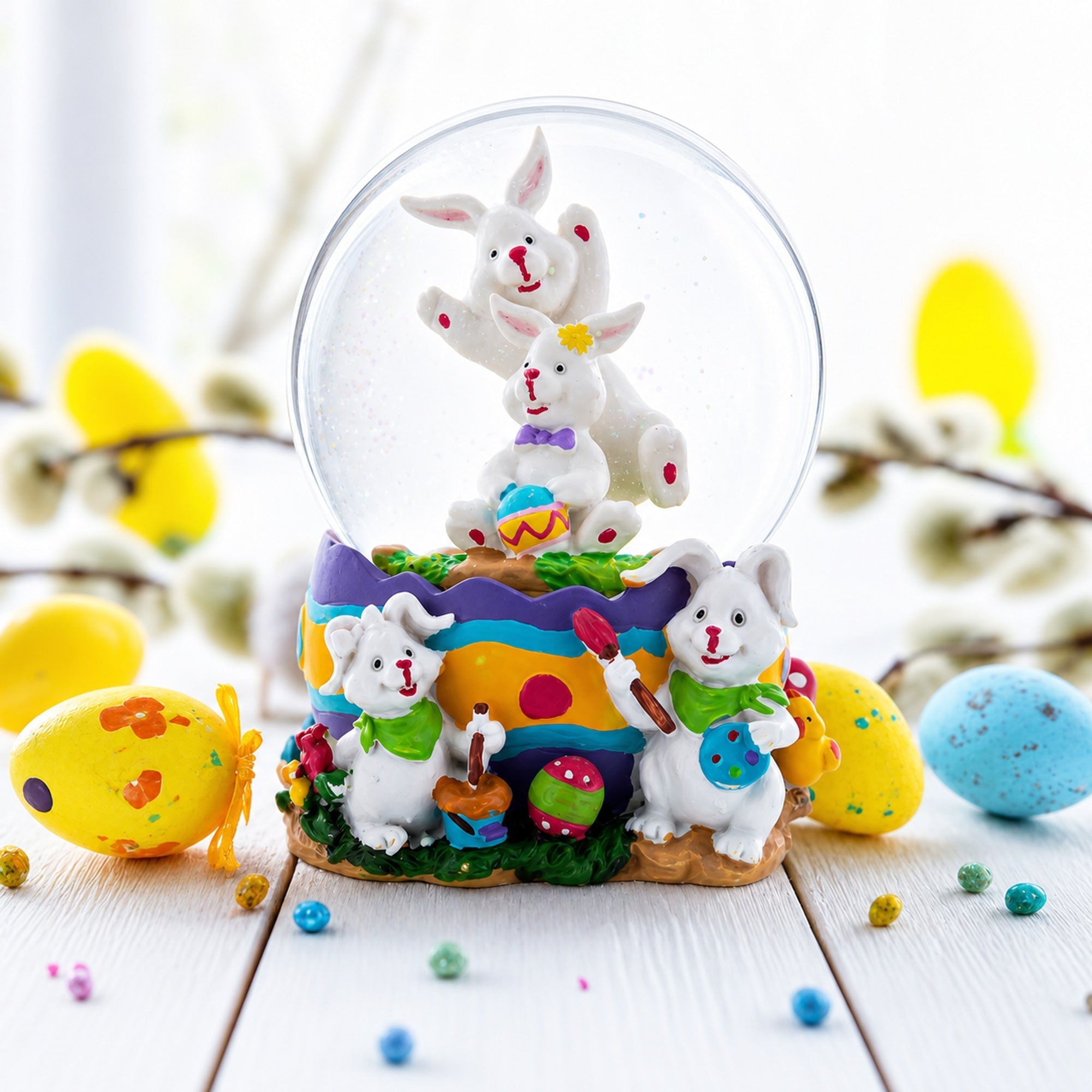 Spring Easter Egg Painting Rabbits Music Box Snow Globe 6 Inches Tall
