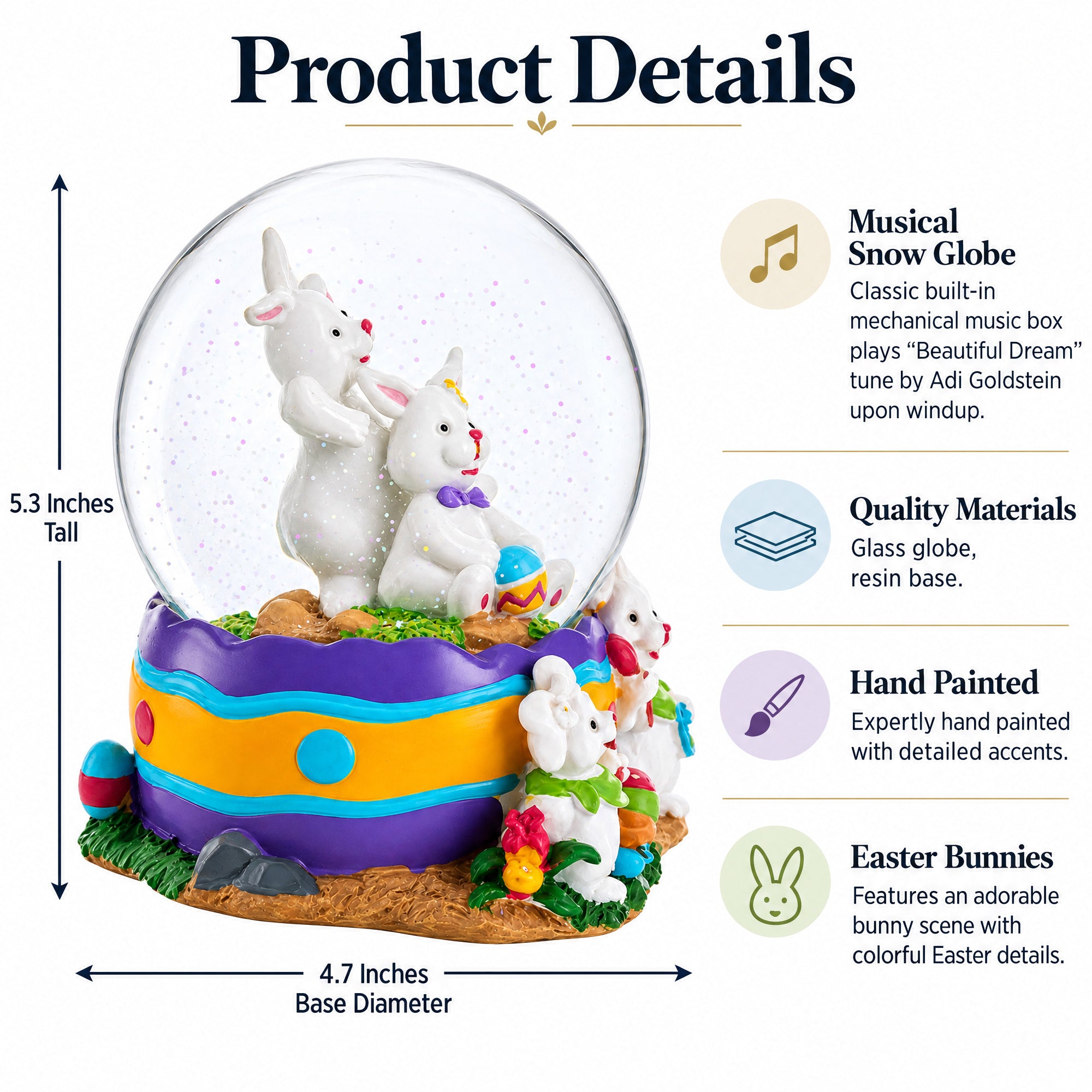 Spring Easter Egg Painting Rabbits Music Box Snow Globe 6 Inches Tall