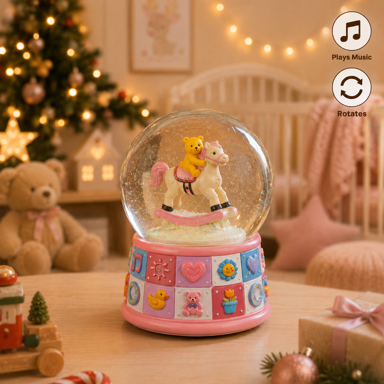 Teddy Bear Rocking Horse Musical Snow Globe - Nursery Decor 5.7 Inches
