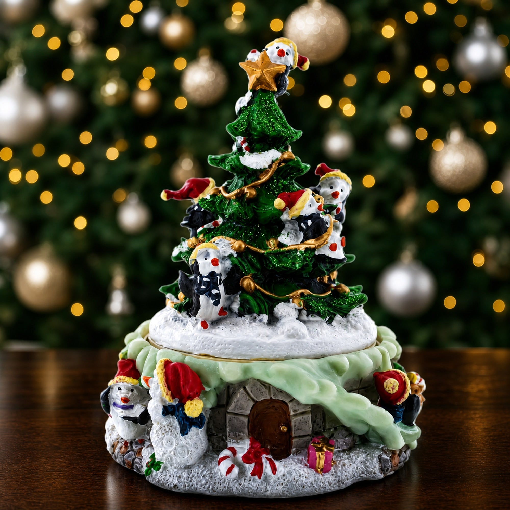 Animated Musical Penguin Christmas Tree Figurine - Rotating Music Box