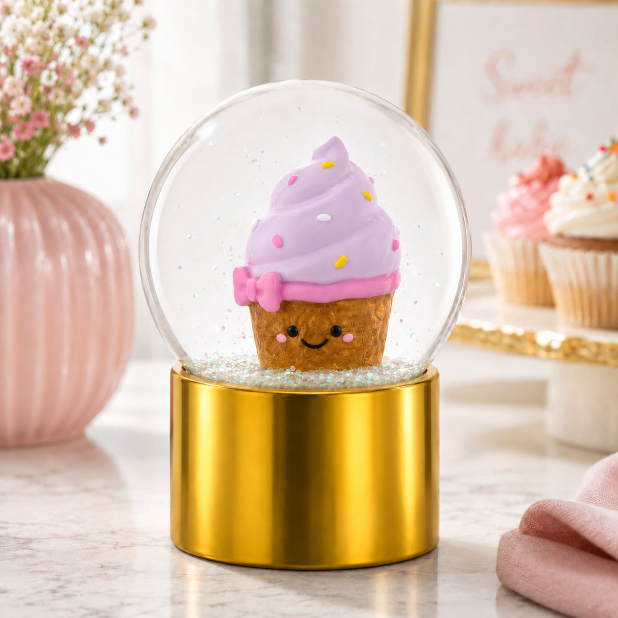 Golden Cupcake Elegance Mini Water Snow Globe