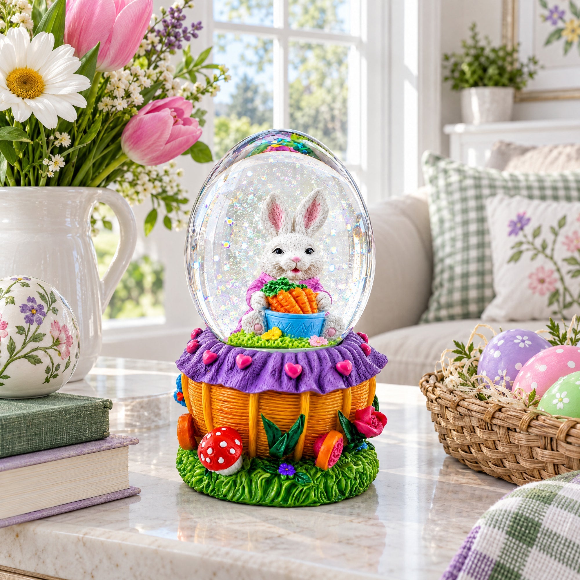 Bunny and Carrots Basket Water Globe