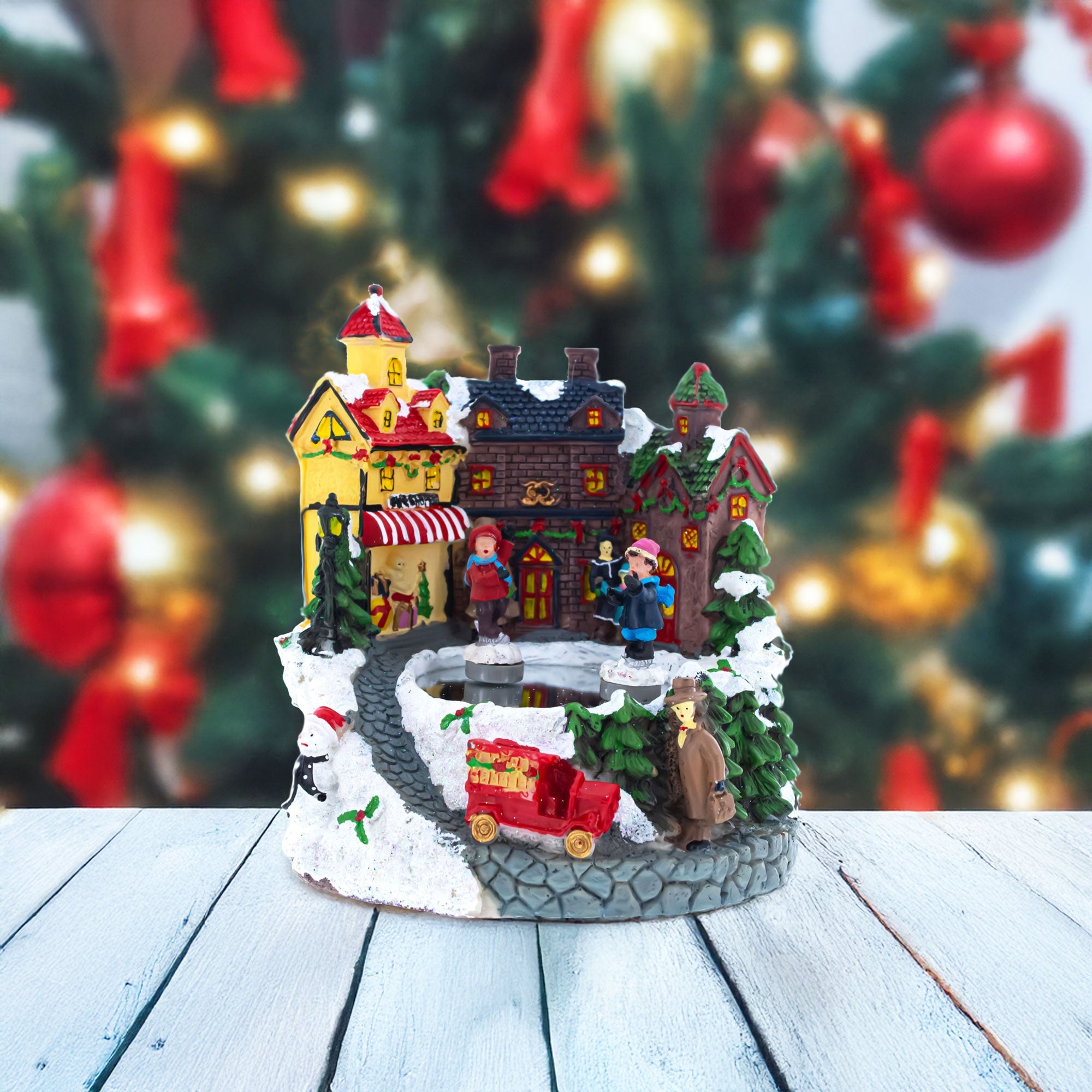 Animated Winter Village Skating Christmas Figurine - Rotating Town Music Box