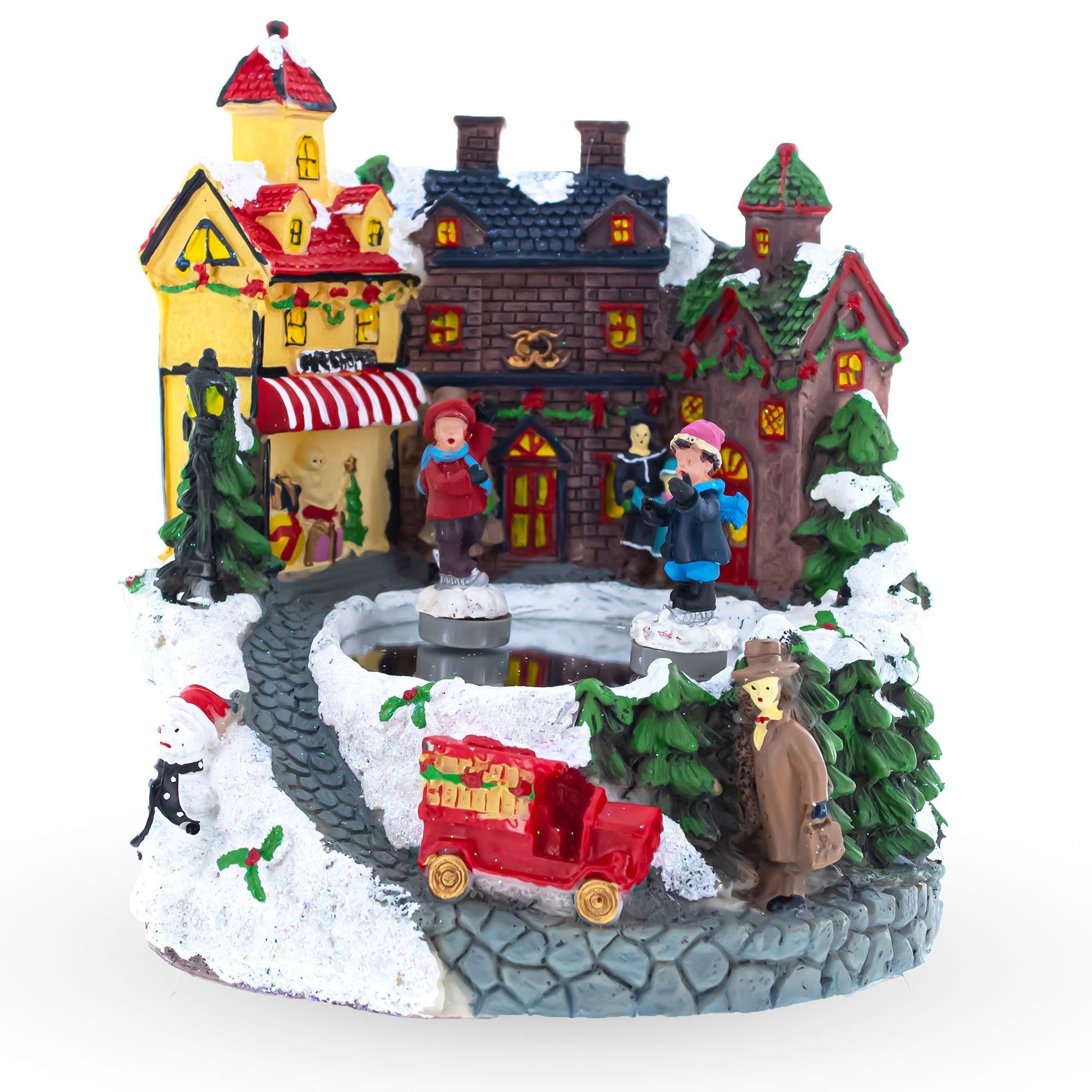 Animated Winter Village Skating Christmas Figurine - Rotating Town Music Box
