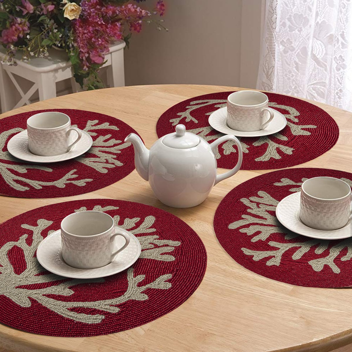 Radiant Charm – Stylish Red Beaded Placemats, Elegant Decorative Dining Table Décor 14 inch