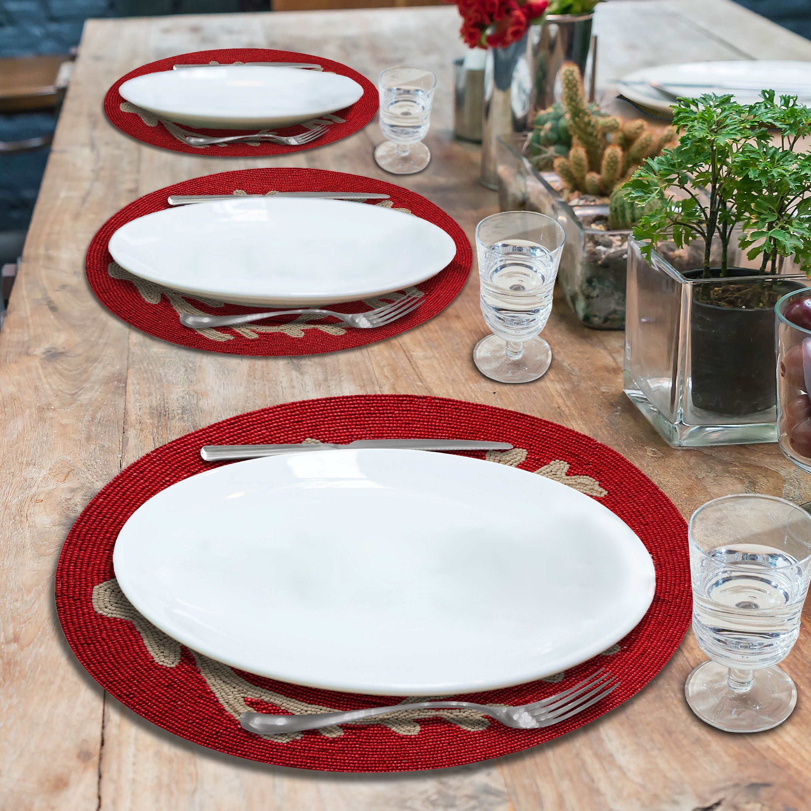 Radiant Charm – Stylish Red Beaded Placemats, Elegant Decorative Dining Table Décor 14 inch