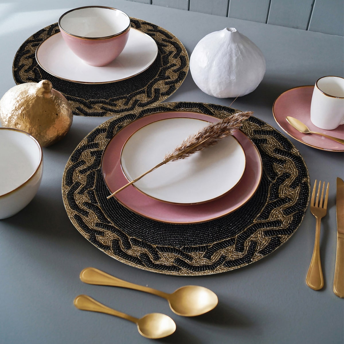 Round Beaded Placemats - 14" Heat-Resistant Table Mats in Black and Gold