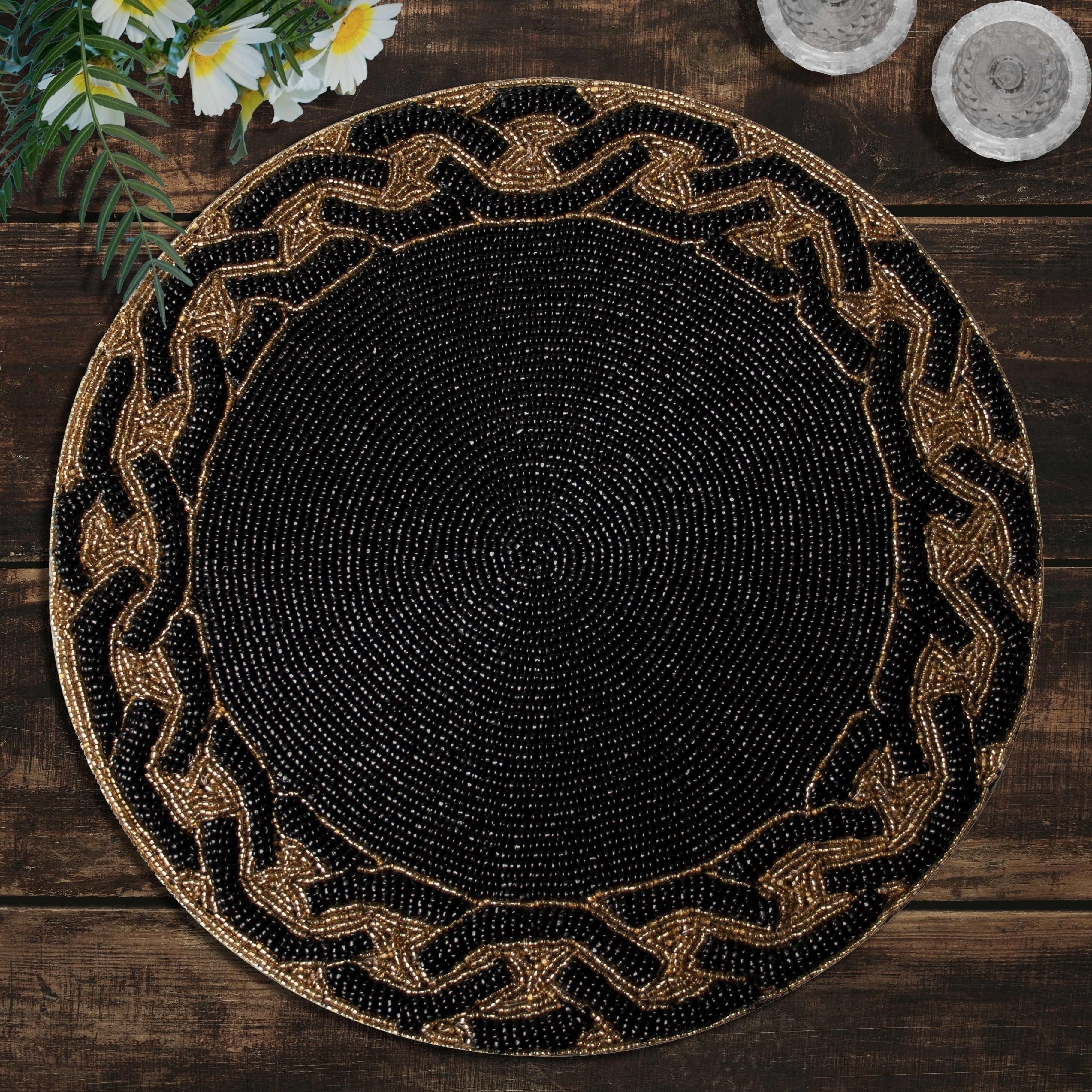 Round Beaded Placemats - 14" Heat-Resistant Table Mats in Black and Gold