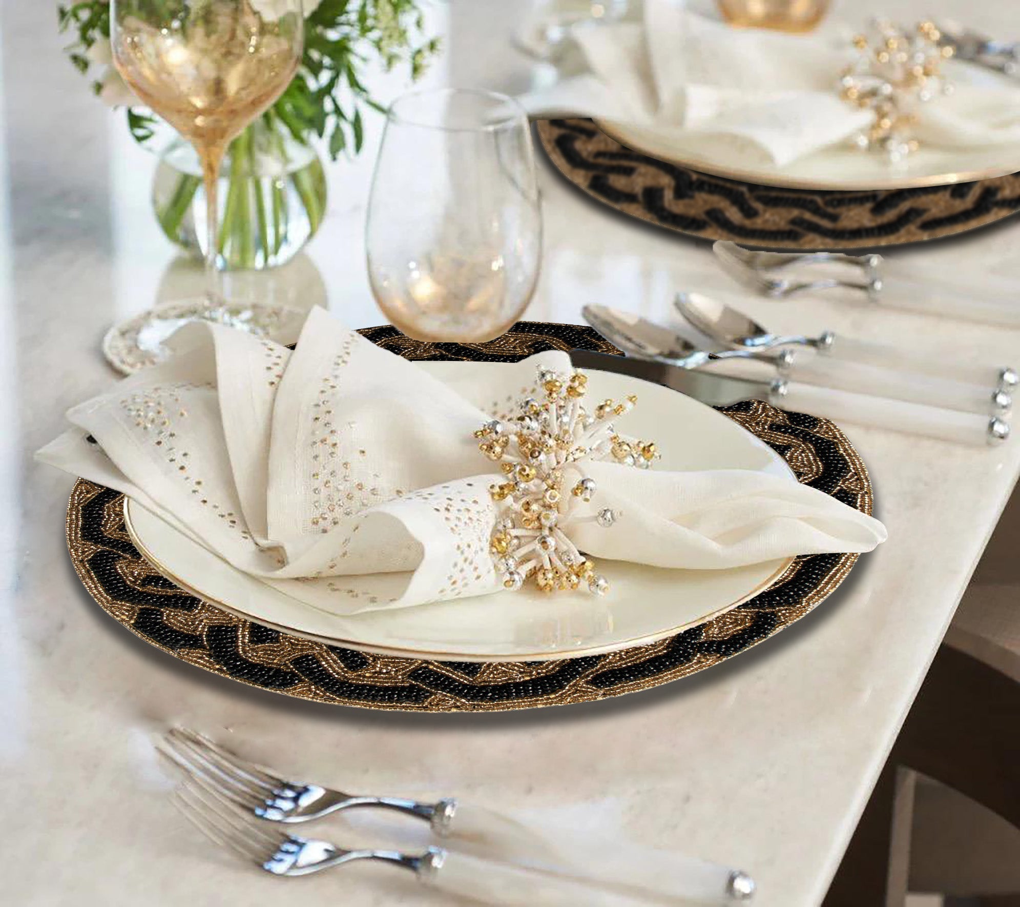 Round Beaded Placemats - 14" Heat-Resistant Table Mats in Black and Gold