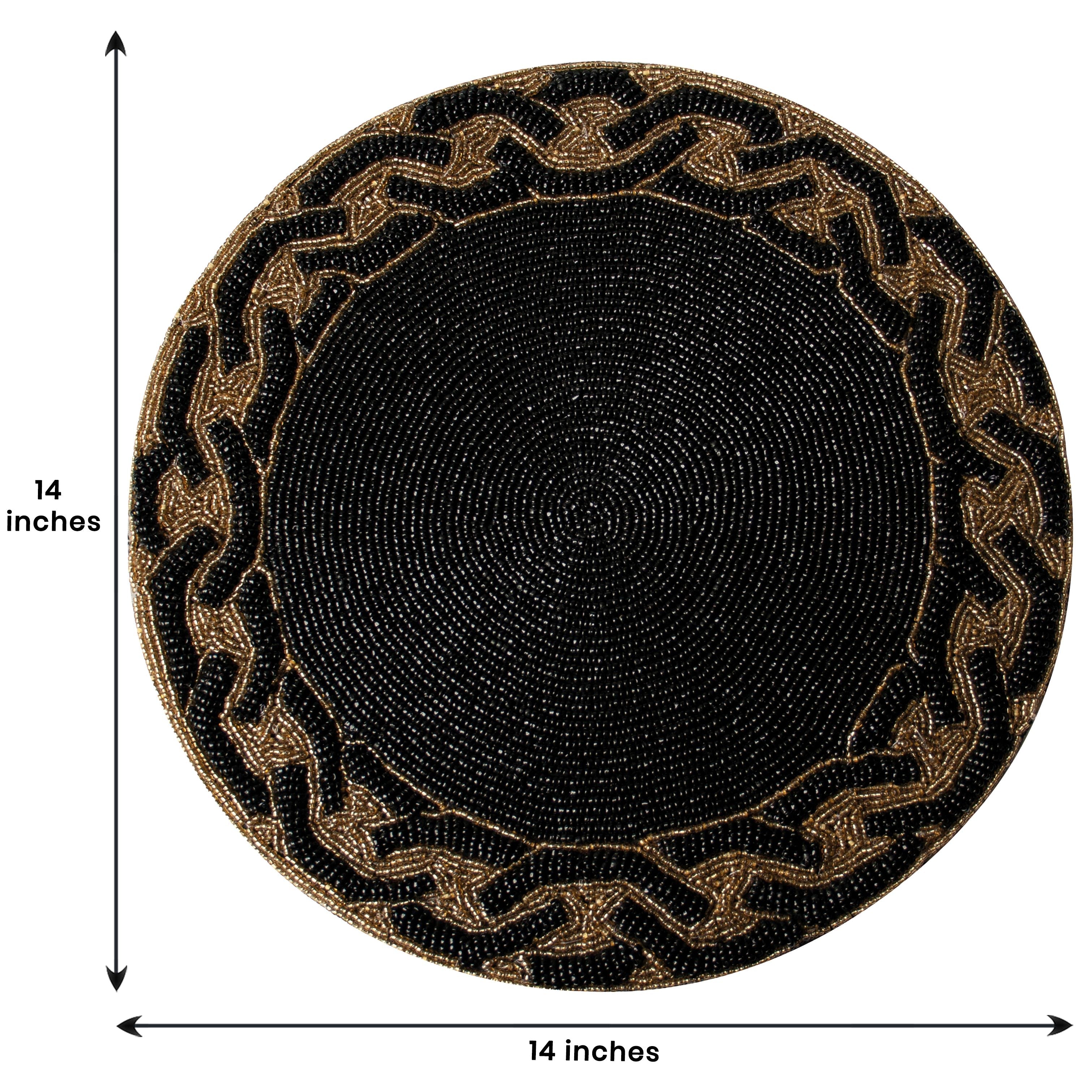 Round Beaded Placemats - 14" Heat-Resistant Table Mats in Black and Gold