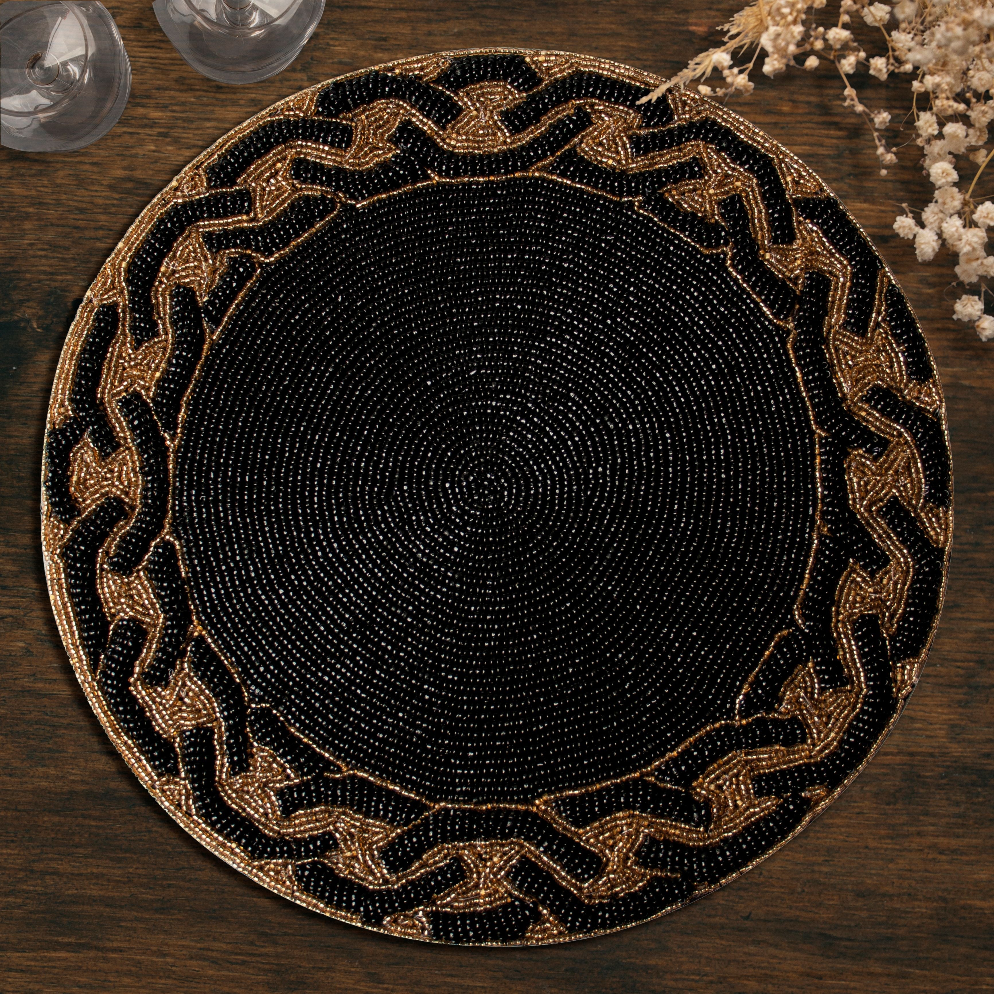 Round Beaded Placemats - 14" Heat-Resistant Table Mats in Black and Gold