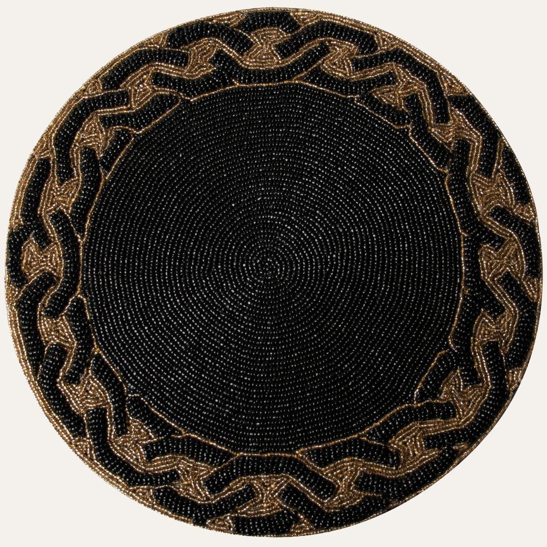 Round Beaded Placemats - 14" Heat-Resistant Table Mats in Black and Gold