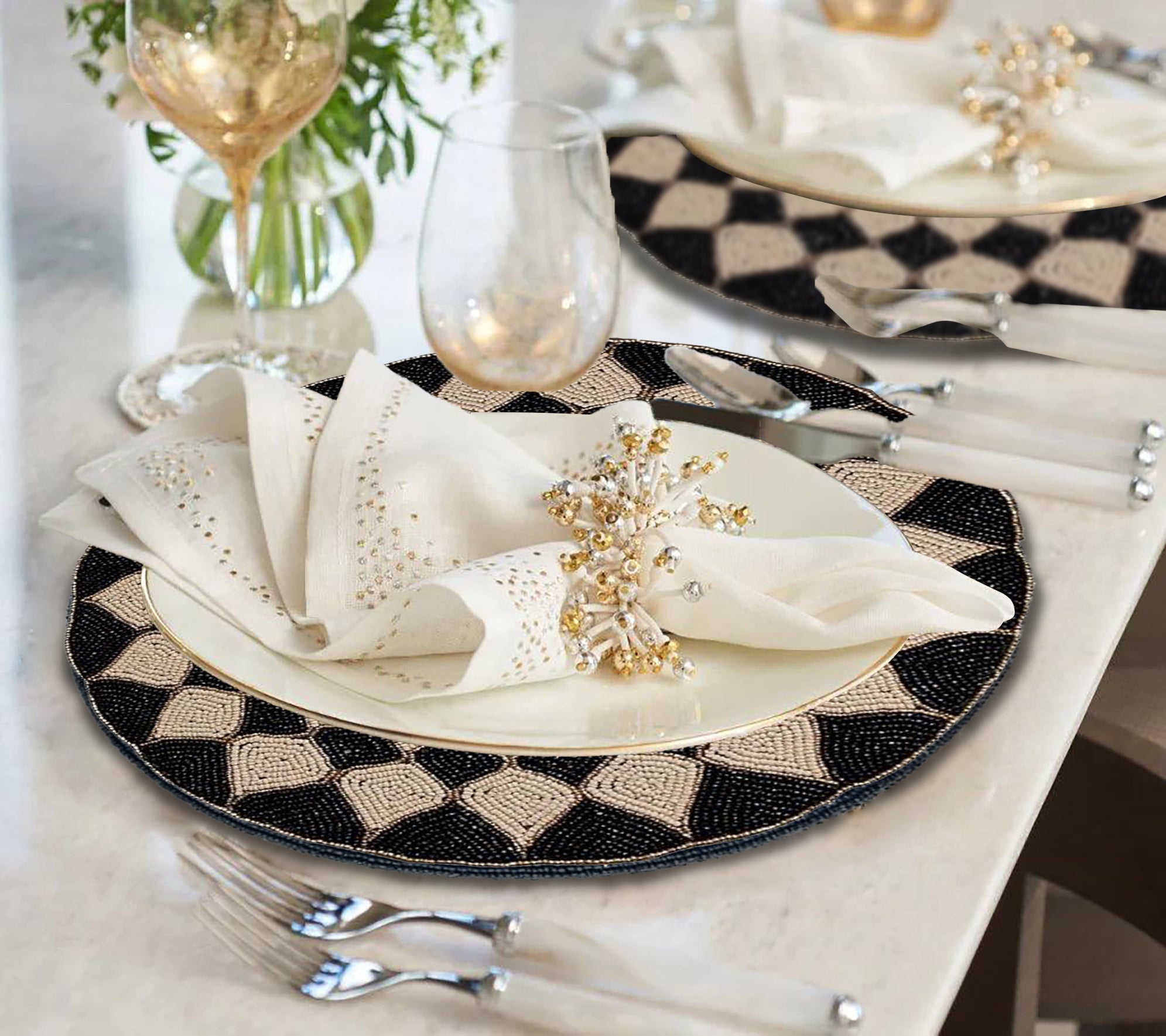 Ebony Drift – Round Beaded Placemats in Black Beige, Luxurious Decorative Dining Table Accent 14 inch