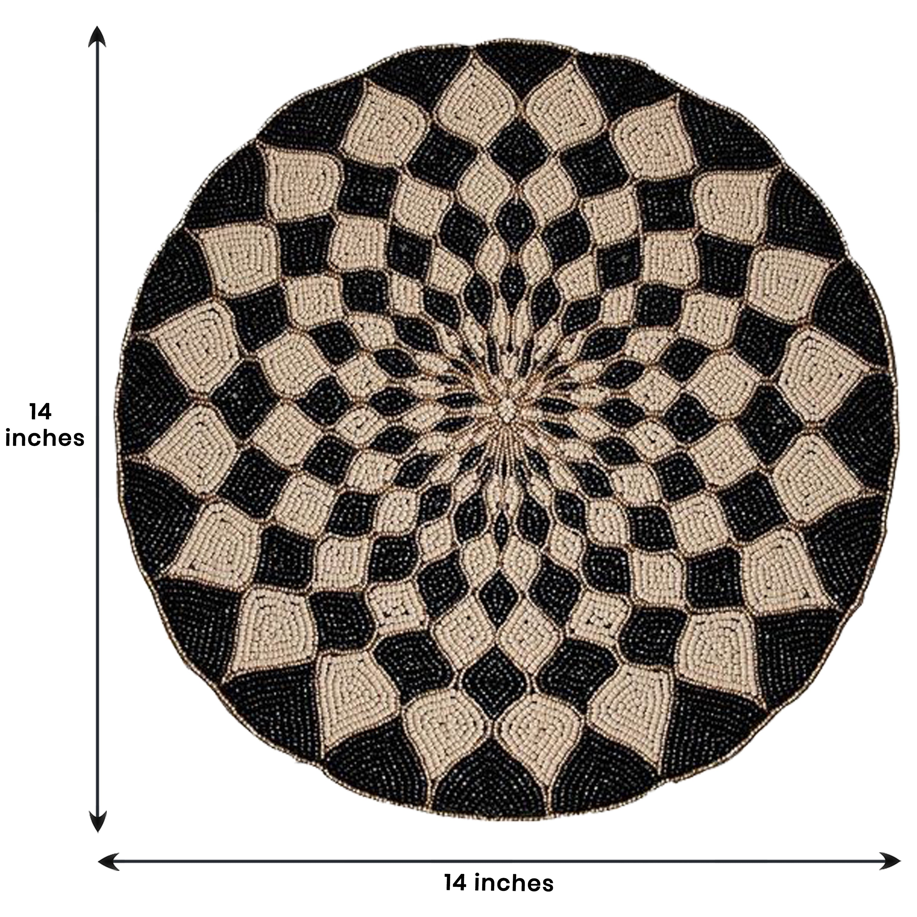 Ebony Drift – Round Beaded Placemats in Black Beige, Luxurious Decorative Dining Table Accent 14 inch