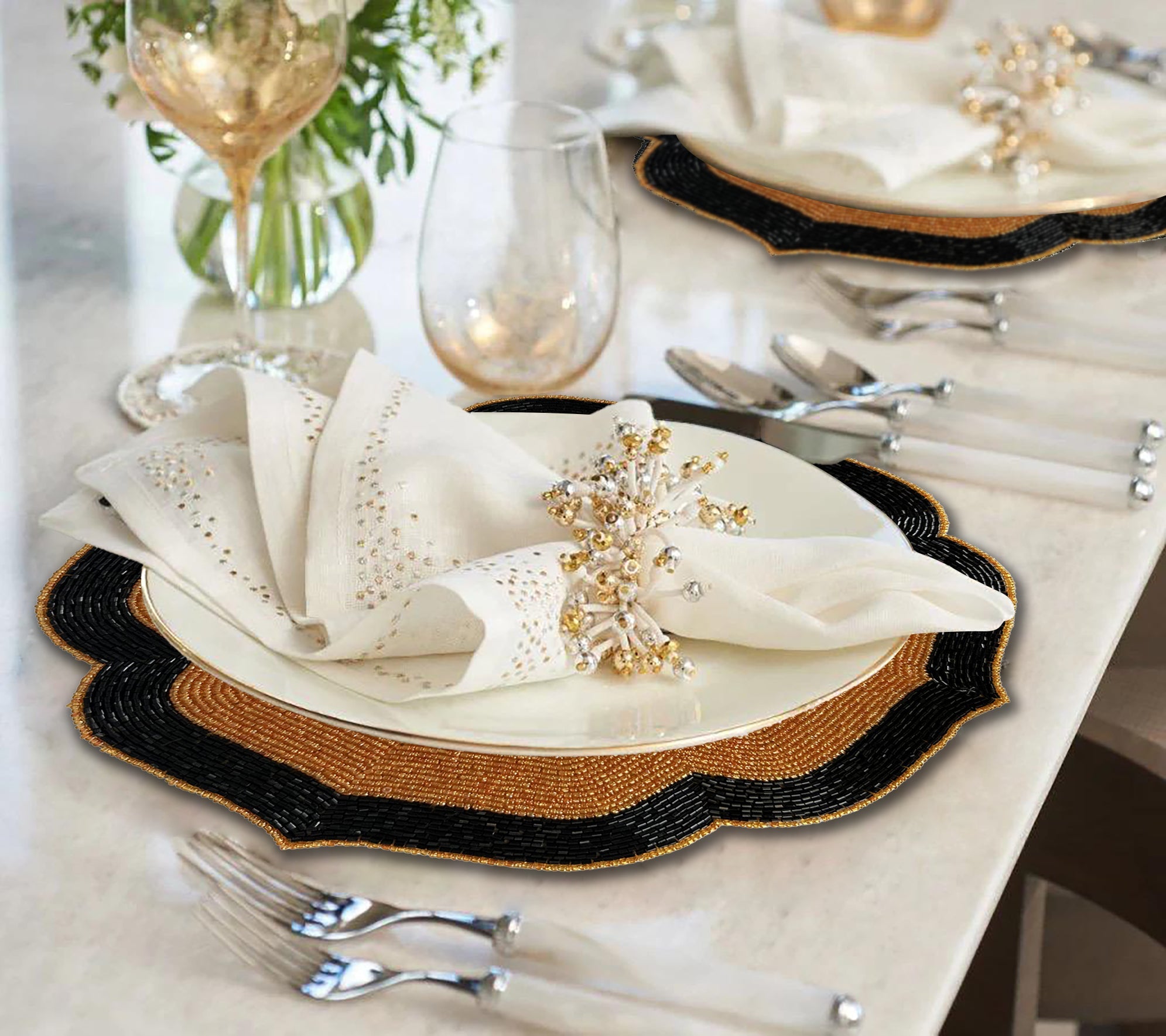 Amber Noir – Beaded Placemats in Warm Copper and Black, Heat Resistant Dining Table Décor 14 inch