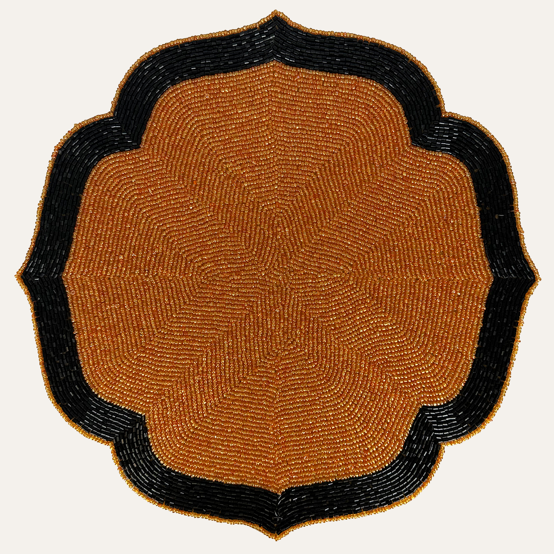 Amber Noir – Beaded Placemats in Warm Copper and Black, Heat Resistant Dining Table Décor 14 inch