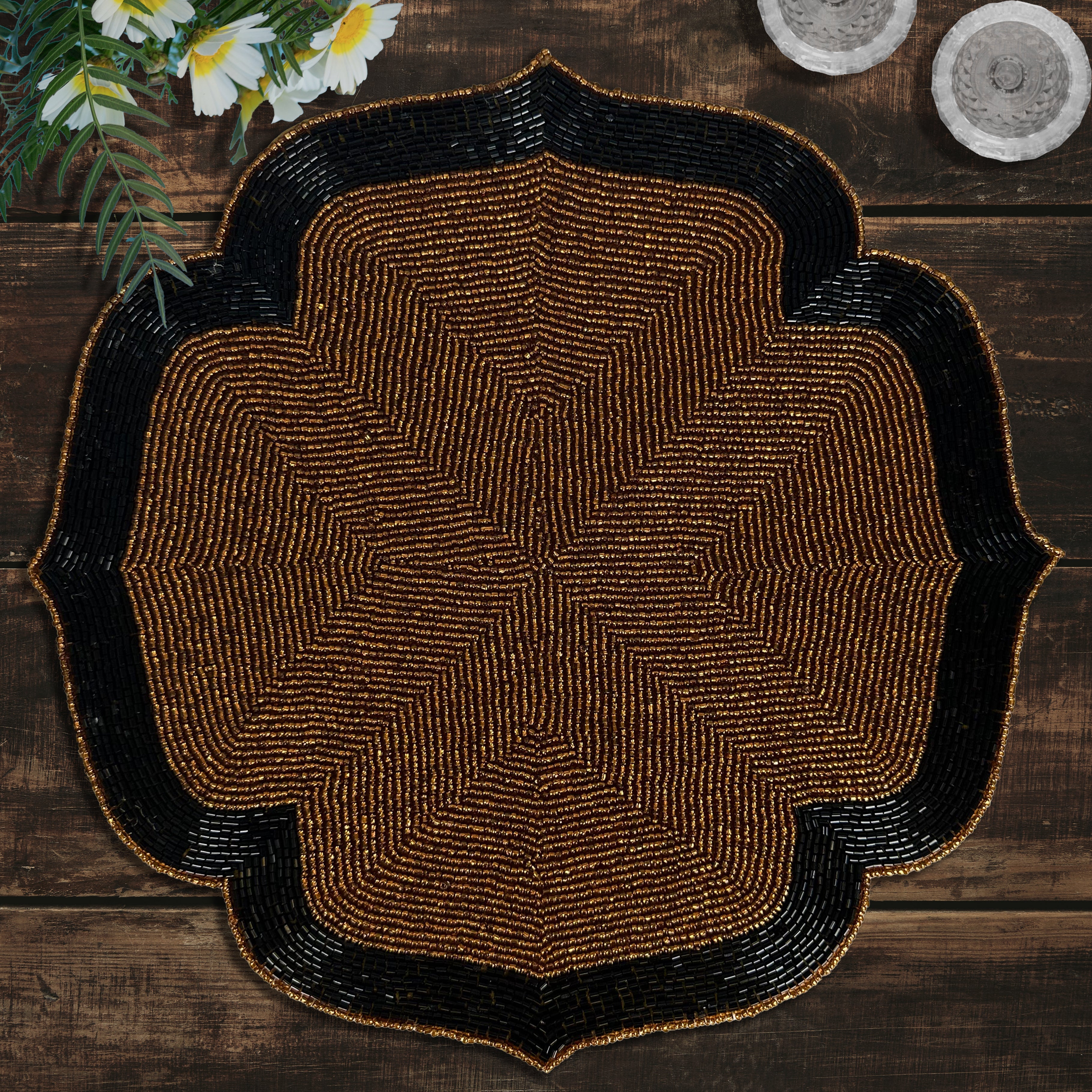 Chestnut Shadow – Beaded Placemats in Dark Brown and Black Artistic Heat-Resistant Dining Table Décor 14 inch