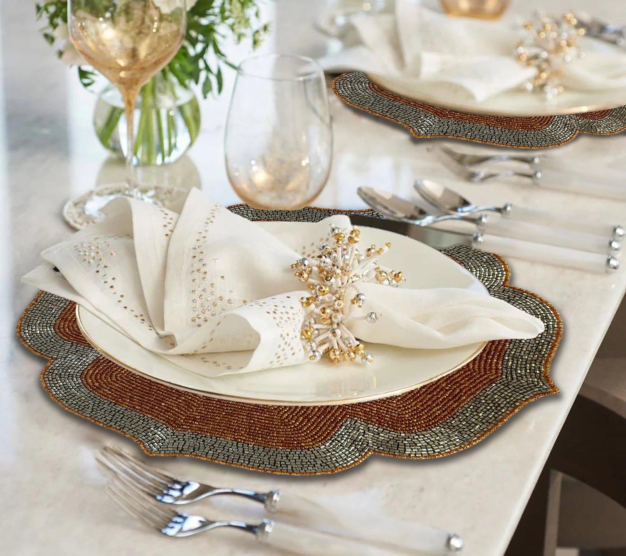 Sunset Frost – Beaded Placemats in Burnt Orange and Silver, Luxurious Decorative Dining Table Accent 14 inch