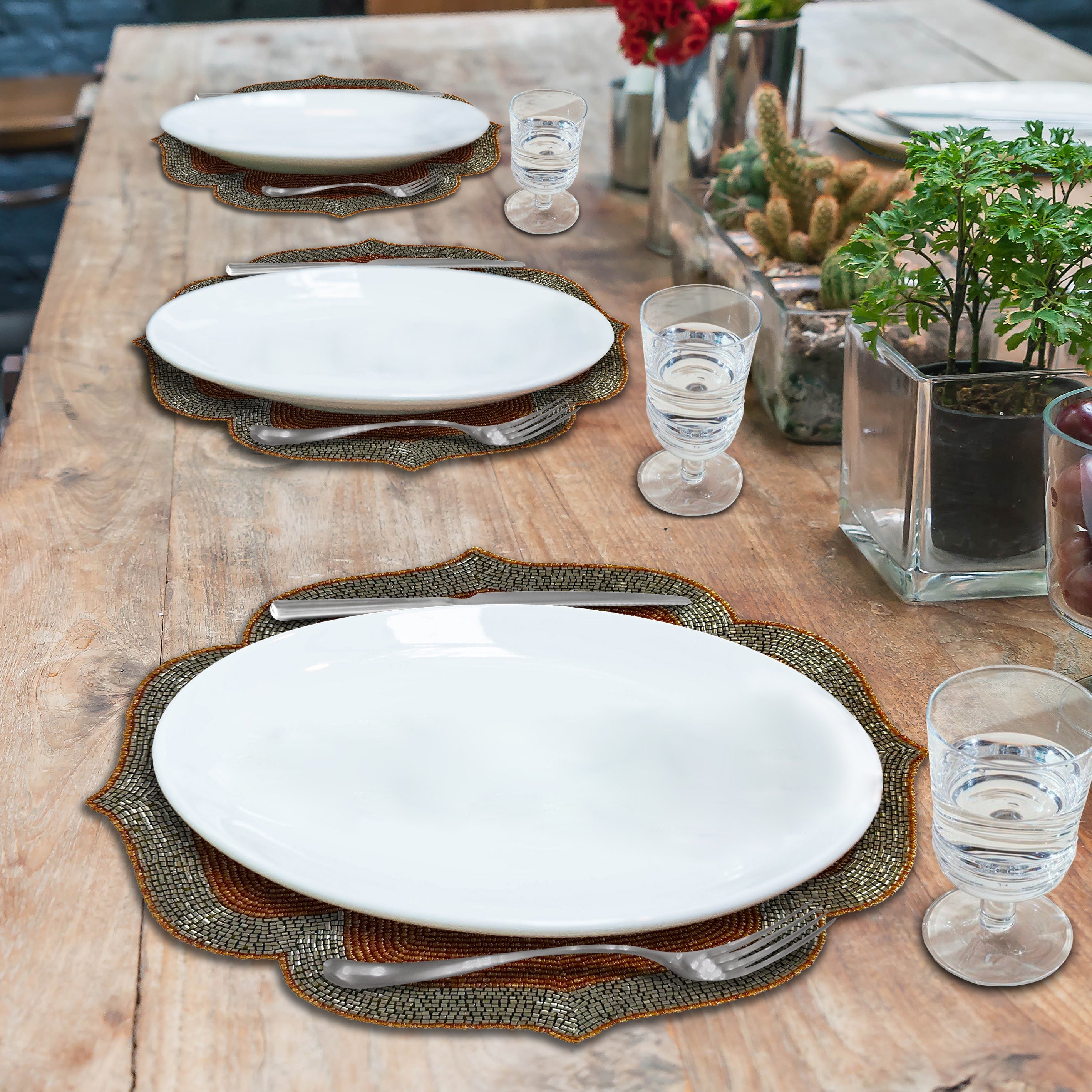 Sunset Frost – Beaded Placemats in Burnt Orange and Silver, Luxurious Decorative Dining Table Accent 14 inch