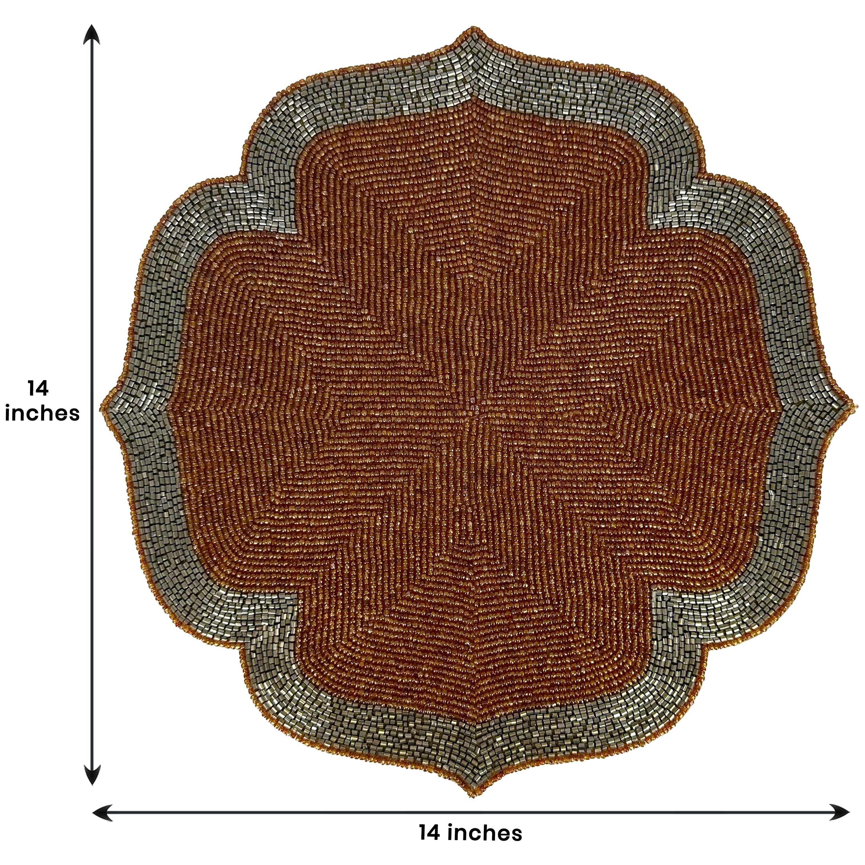 Sunset Frost – Beaded Placemats in Burnt Orange and Silver, Luxurious Decorative Dining Table Accent 14 inch