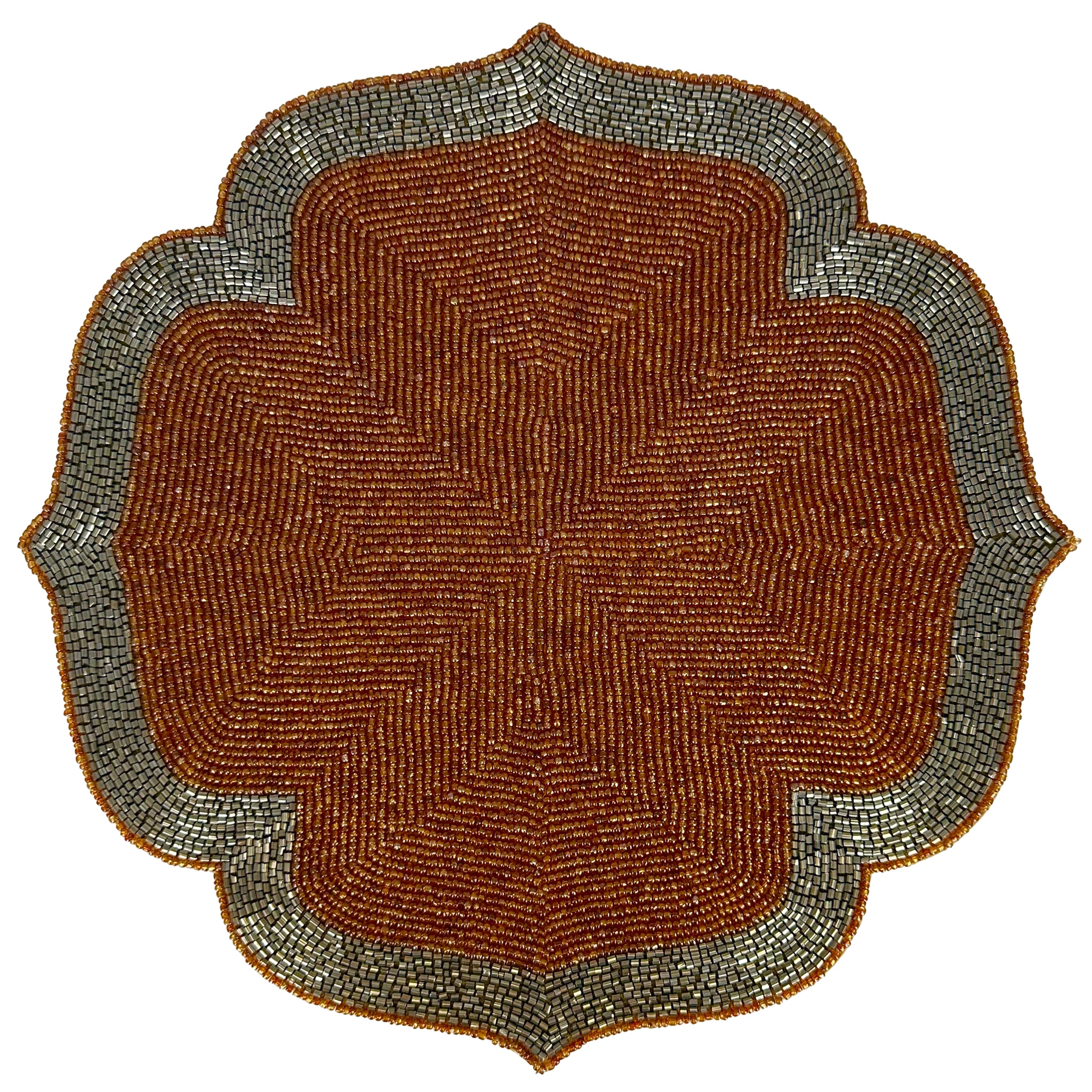 Sunset Frost – Beaded Placemats in Burnt Orange and Silver, Luxurious Decorative Dining Table Accent 14 inch