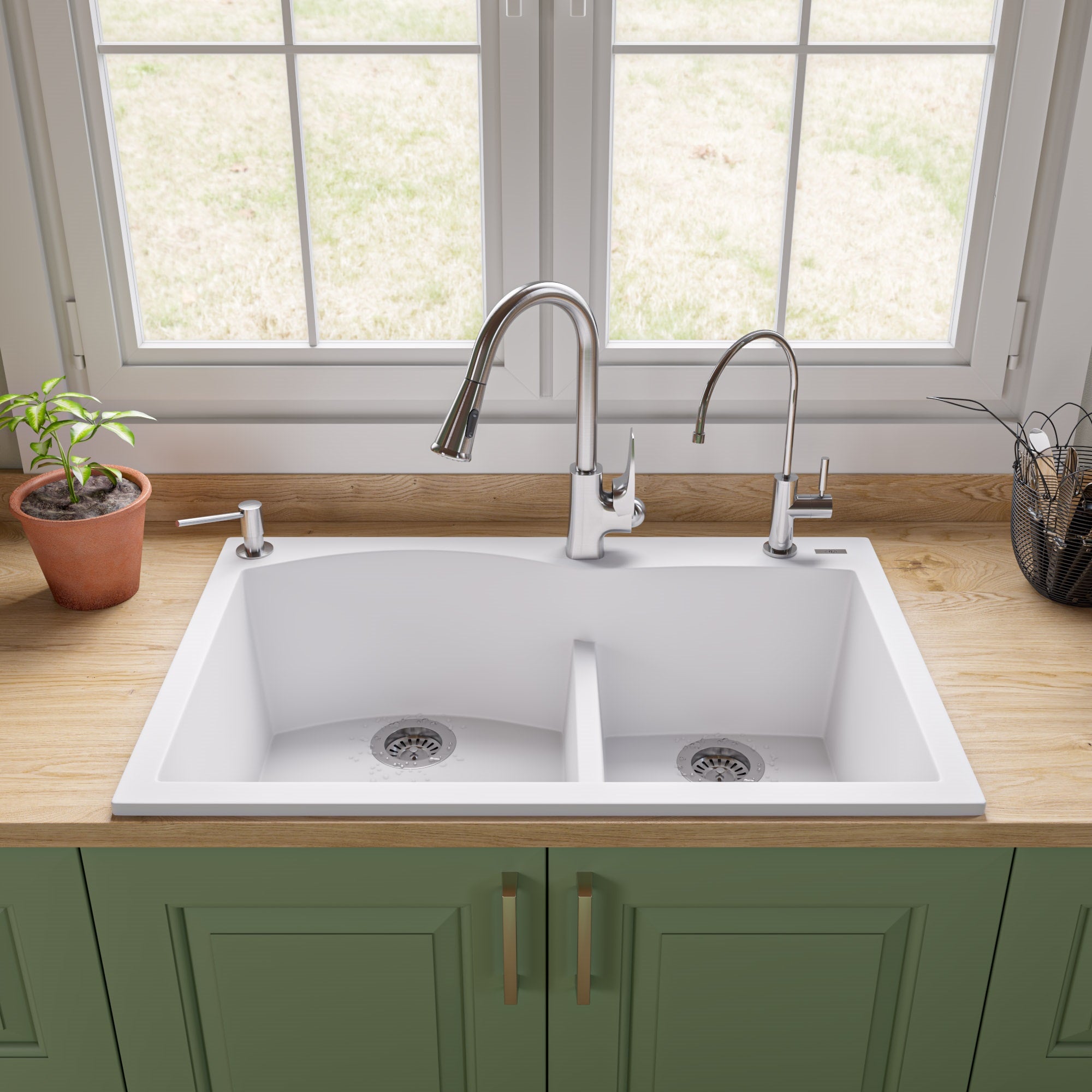 ALFI brand AB3320DI-W White 33'' Double Bowl Drop In Granite Composite Kitchen Sink