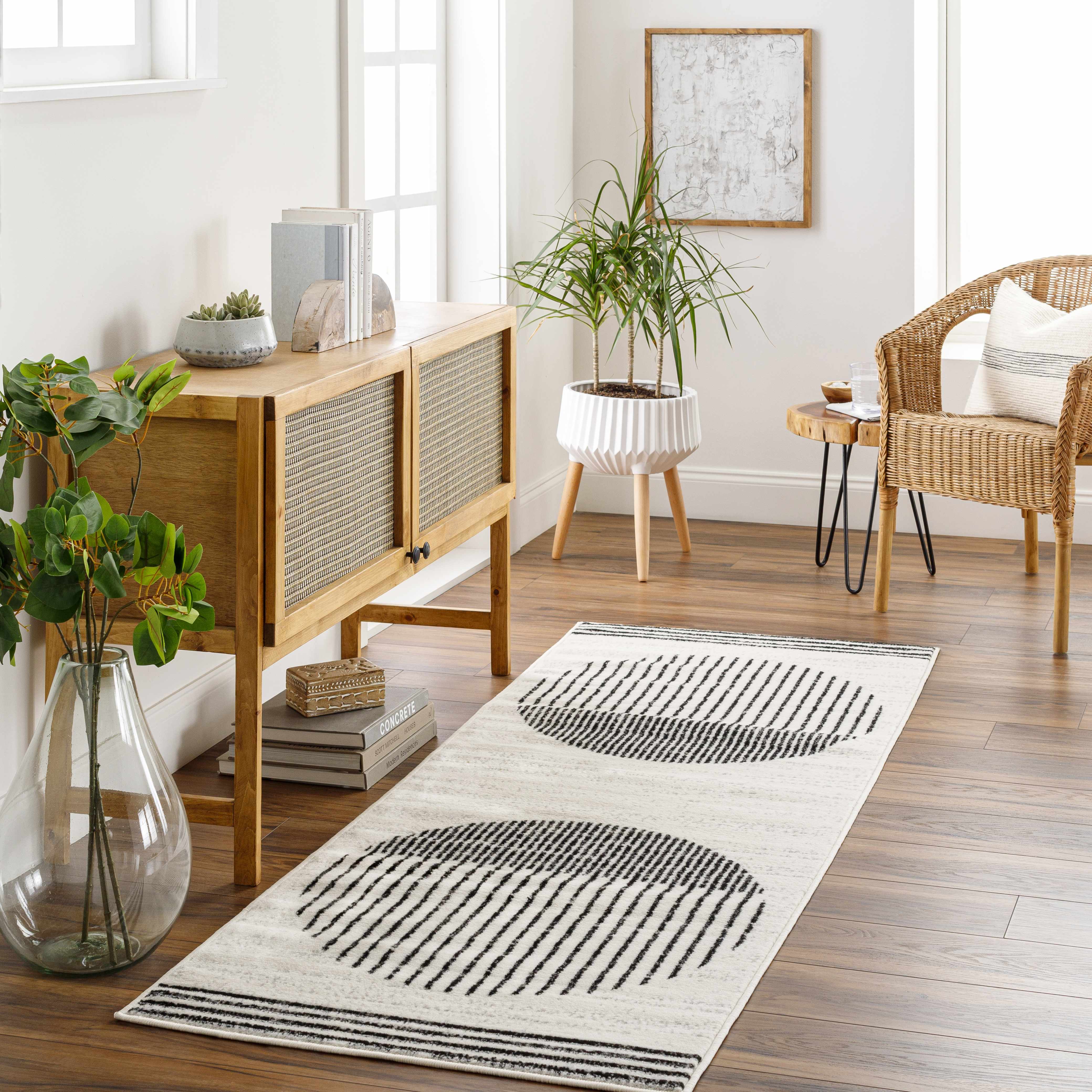 Angus Abstract Black and White 7ft Runner Rug
