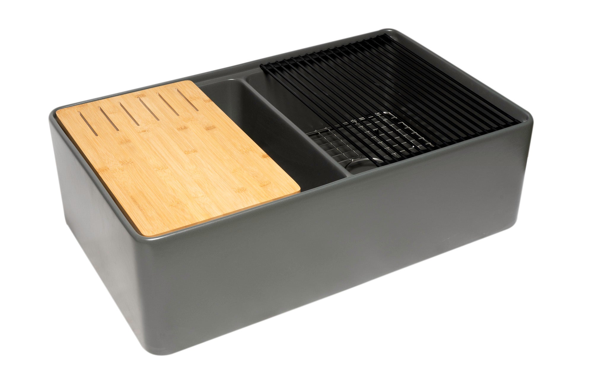 ALFI brand ABFS3320D-GM Grey Matte Workstation 33 x 20 Double Bowl Step Rim Fireclay Farm Sink with Accessories