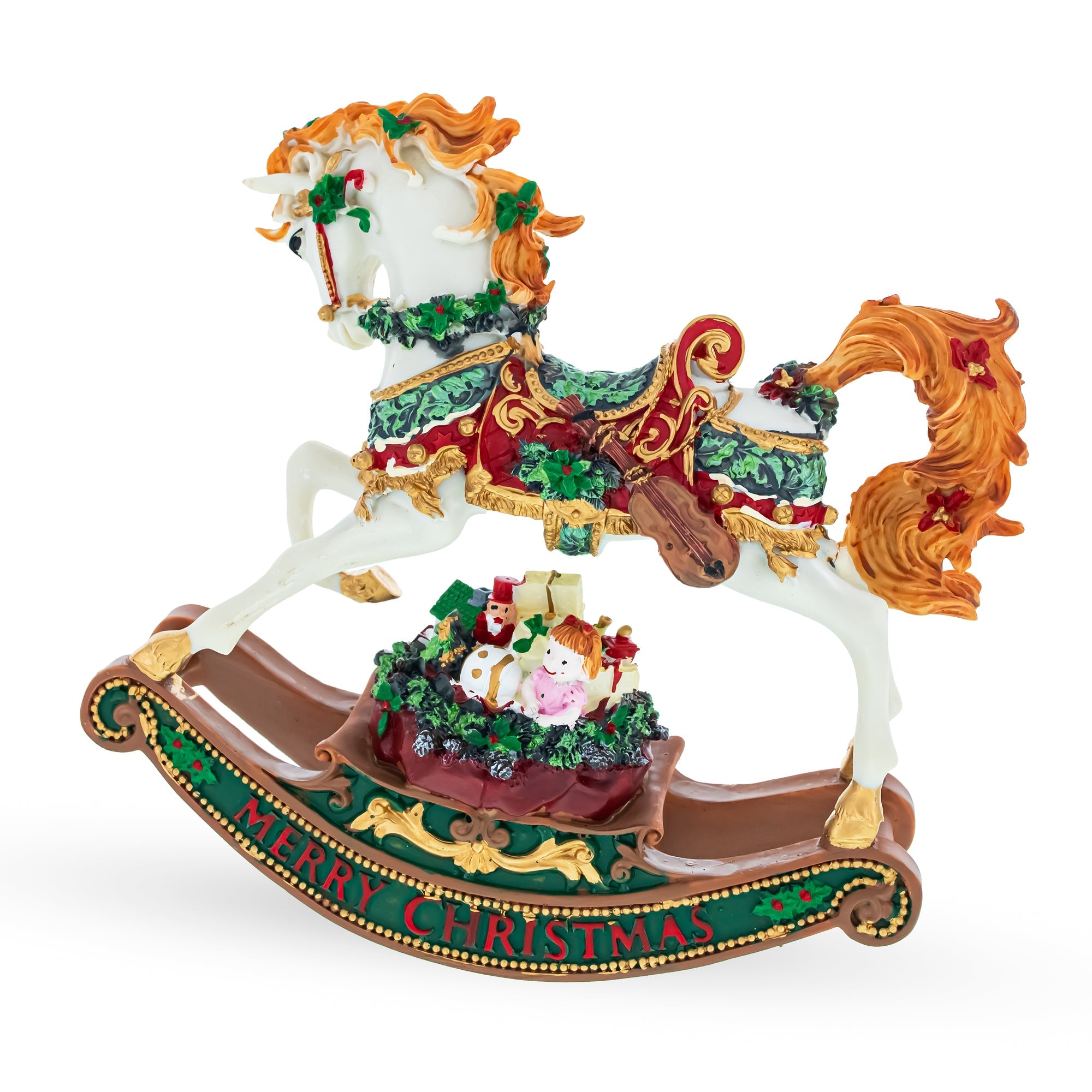 Christmas Horse Musical Figurine Resin Wind Up Holiday Decor 8 Inch