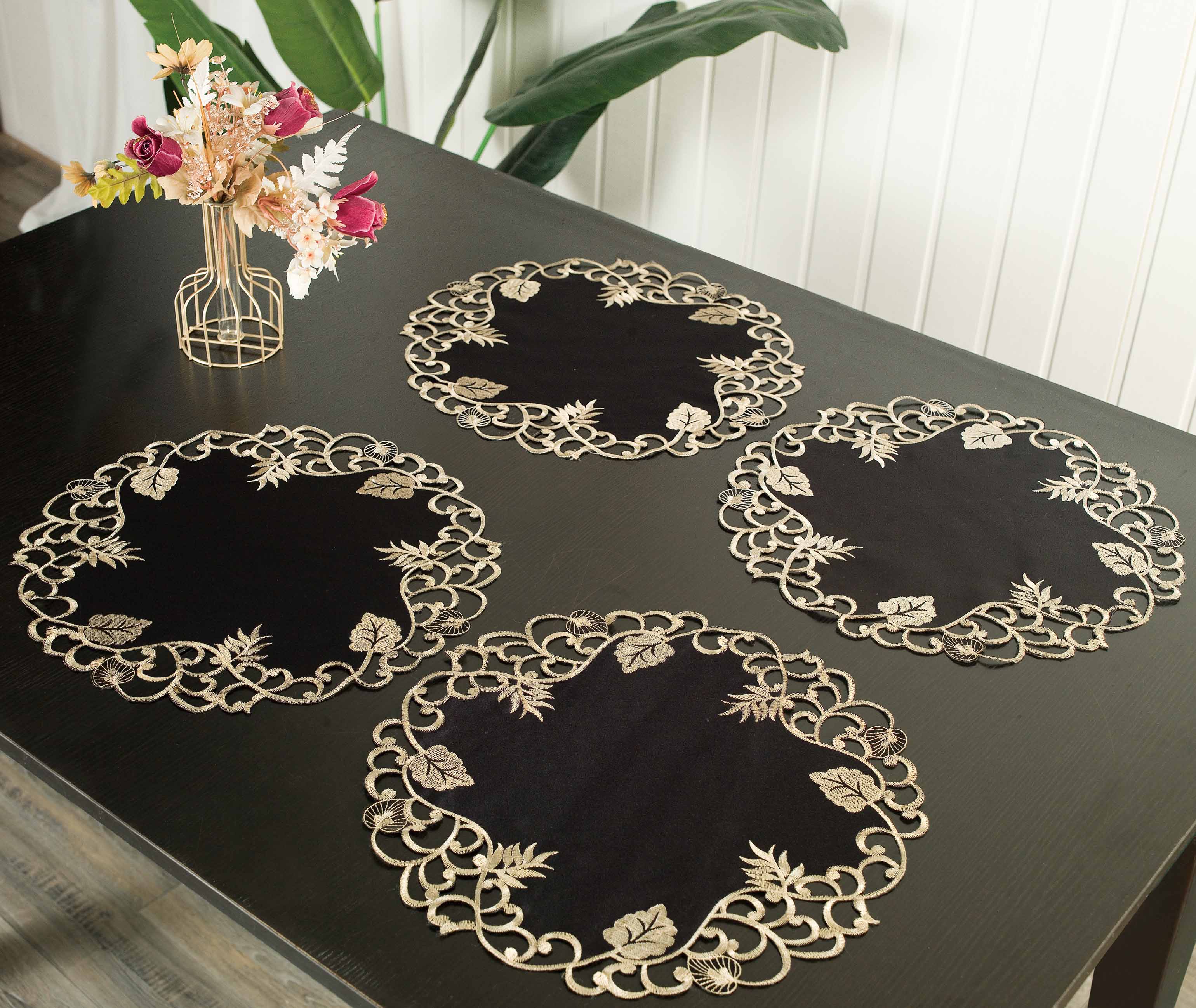 Midnight Gold – Black Gold Table Doilies, Tarantino Collection Decorative Table Linen 15 inch