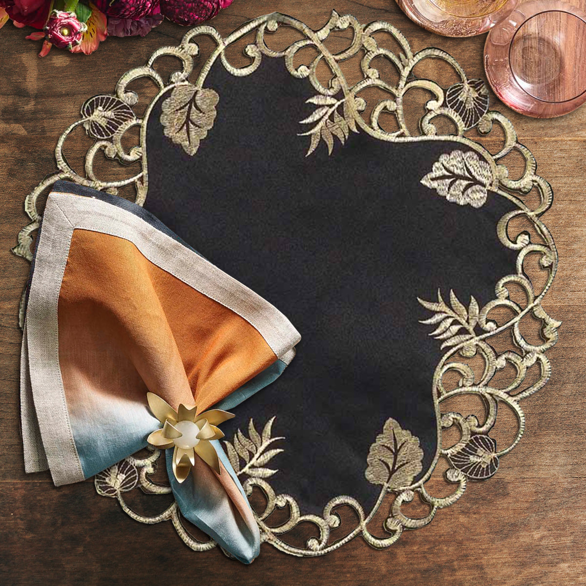 Midnight Gold – Black Gold Table Doilies, Tarantino Collection Decorative Table Linen 15 inch