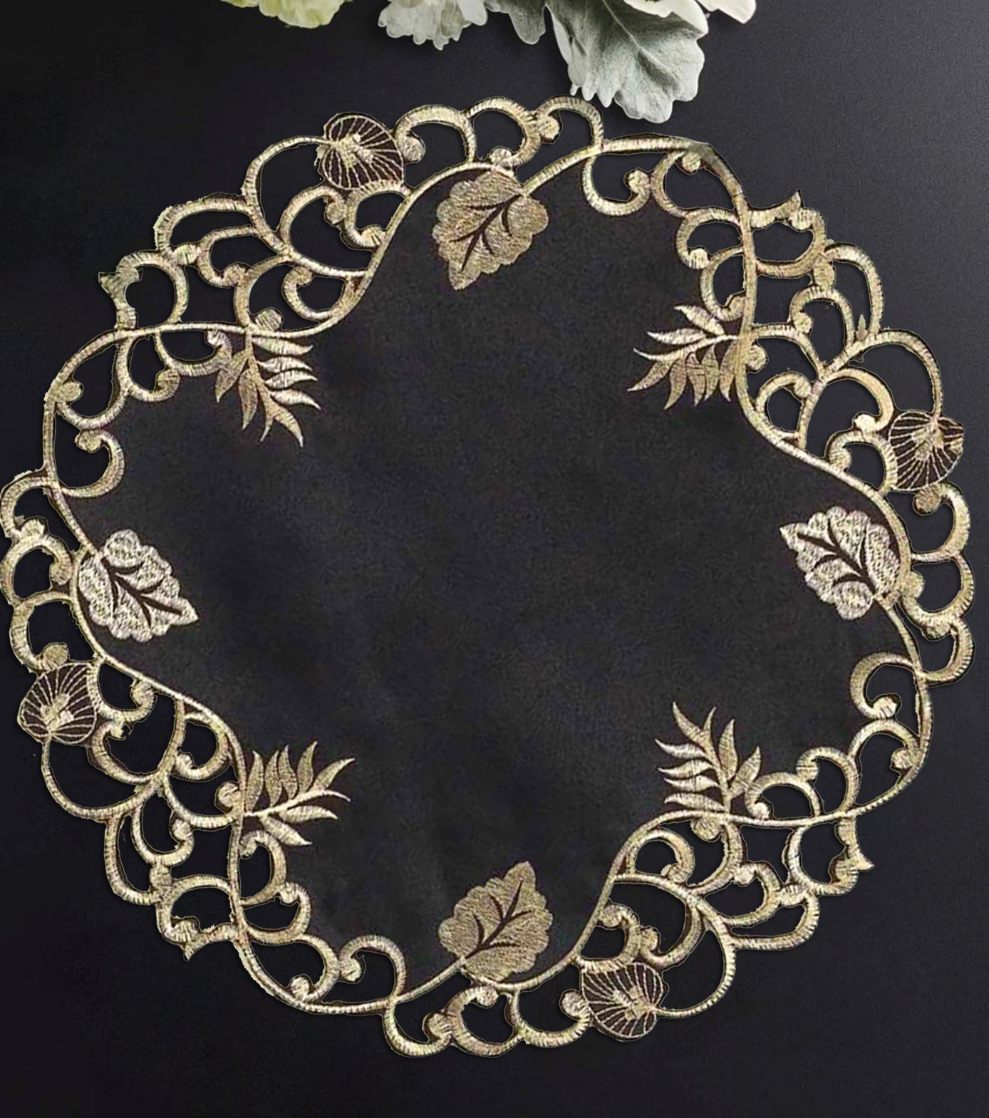 Midnight Gold – Black Gold Table Doilies, Tarantino Collection Decorative Table Linen 15 inch
