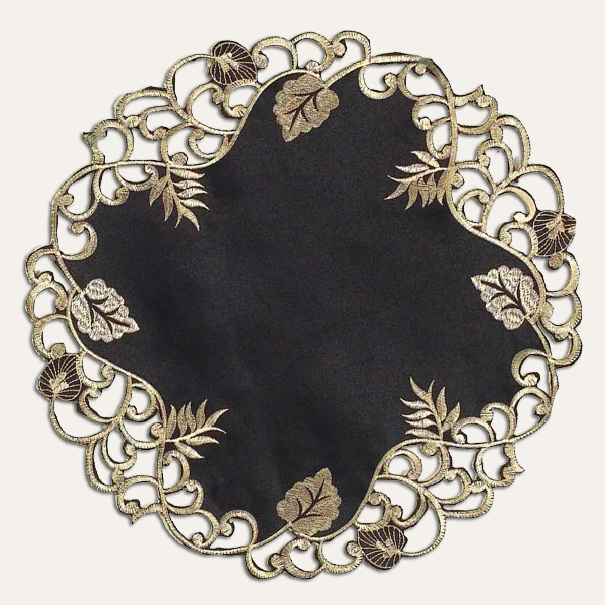 Midnight Gold – Black Gold Table Doilies, Tarantino Collection Decorative Table Linen 15 inch