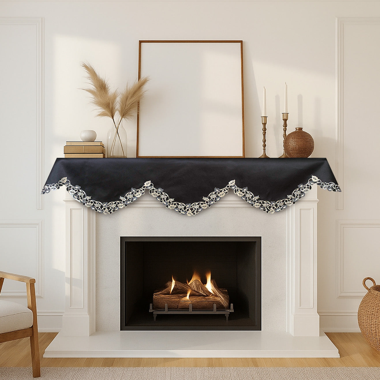 Midnight Gold – Black Gold Mantel Scarf, Tarantino Collection Decorative Home Accent 18*90 Inch