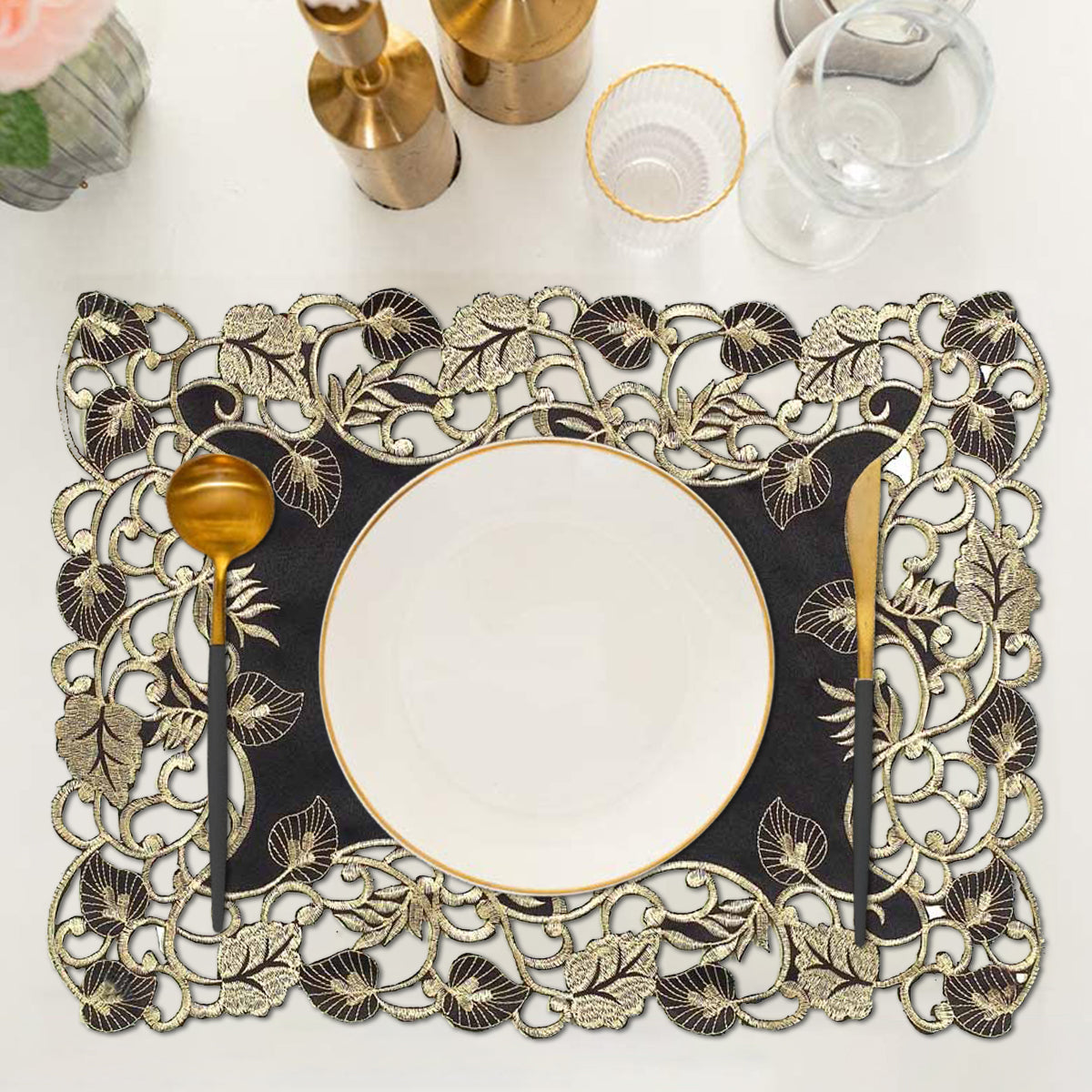 Midnight Gold – Black Gold Table Placemats, Tarantino Collection Elegant Dining Décor 12*18 inch