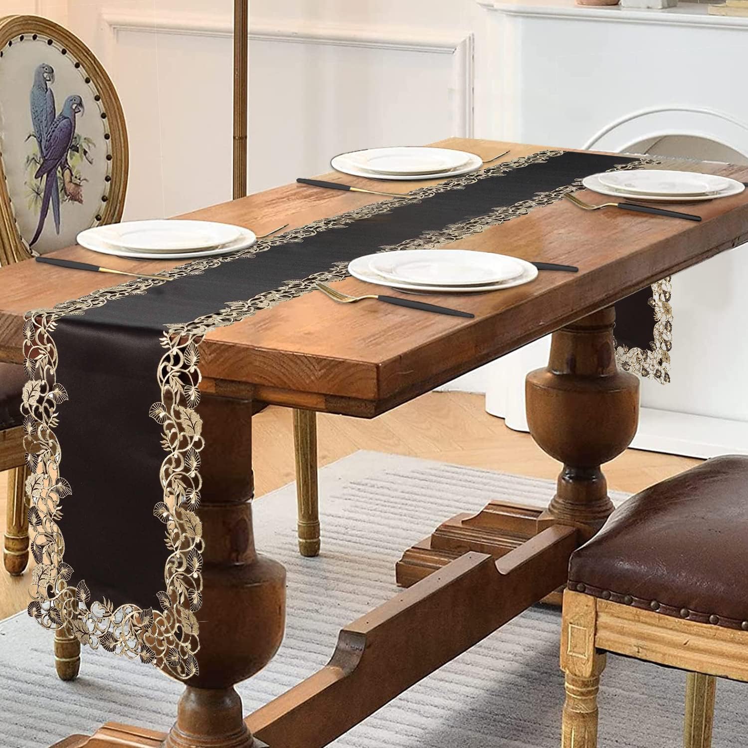 Midnight Gold – Black Gold Table Runner, Tarantino Collection Decorative Table Linen 14*108 inch