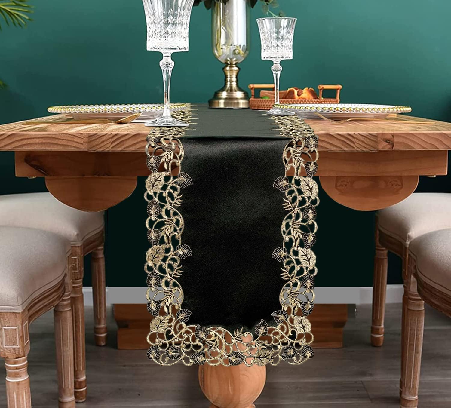Midnight Gold – Black Gold Table Runner, Tarantino Collection Decorative Table Linen 14*108 inch