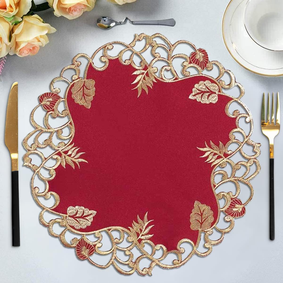 Royal Garnet – Burgundy Gold Table Doilies, Tarantino Collection Elegant Home Décor 15 inch
