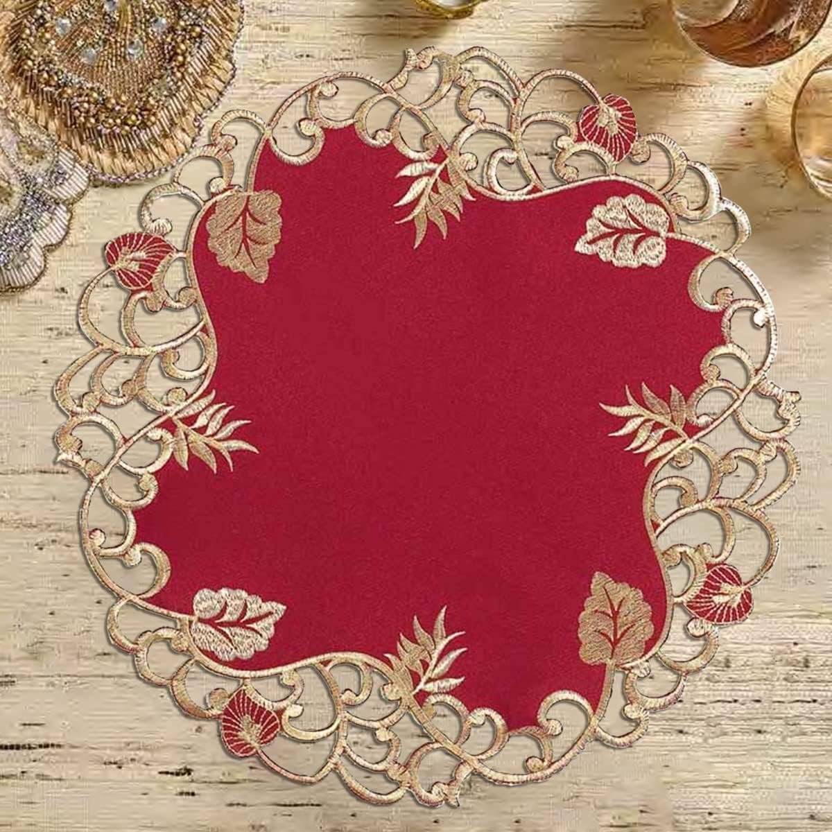 Royal Garnet – Burgundy Gold Table Doilies, Tarantino Collection Elegant Home Décor 15 inch