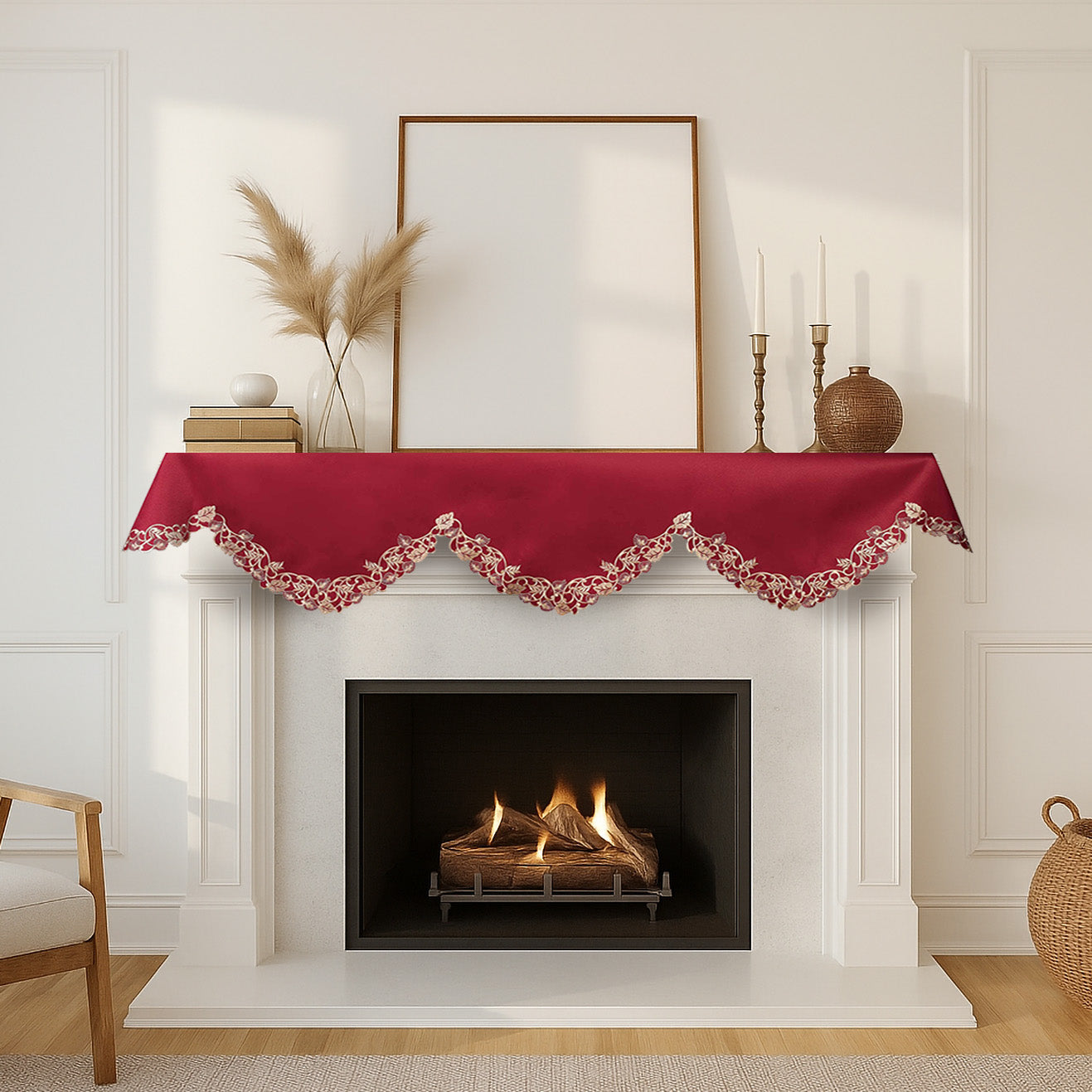 Royal Garnet – Burgundy Gold Mantel Scarf, Tarantino Collection Elegant Home Accent 18*90 Inch