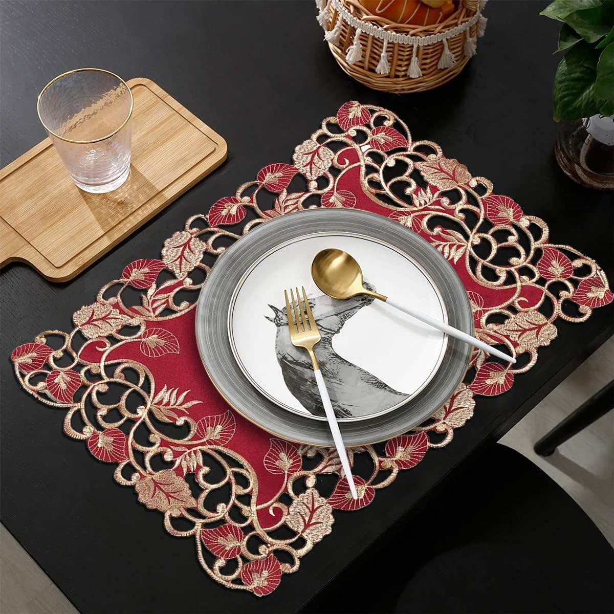 Royal Garnet – Burgundy Gold Table Placemats, Tarantino Collection Elegant Dining Décor 12*18 inch