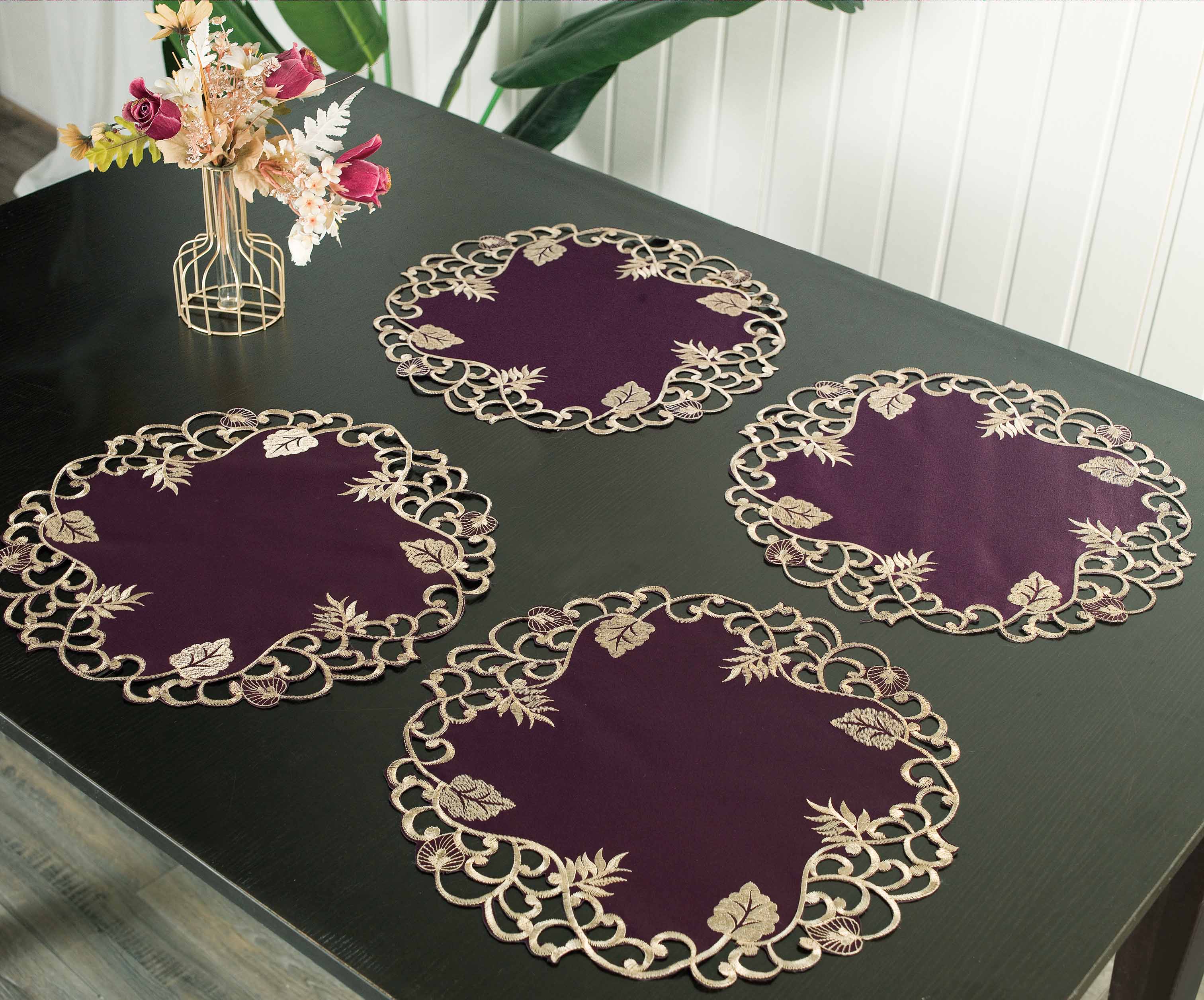 Velvet Plum – Plum Gold Table Doilies, Tarantino Collection Artistic Dining Décor 15 inch