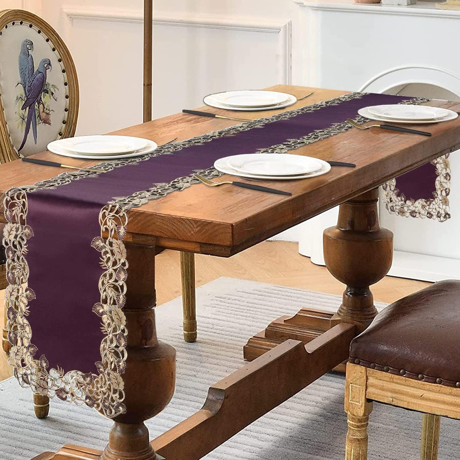 Velvet Plum – Plum Gold Table Runner, Tarantino Collection Artistic Dining Accent 14*108 inch