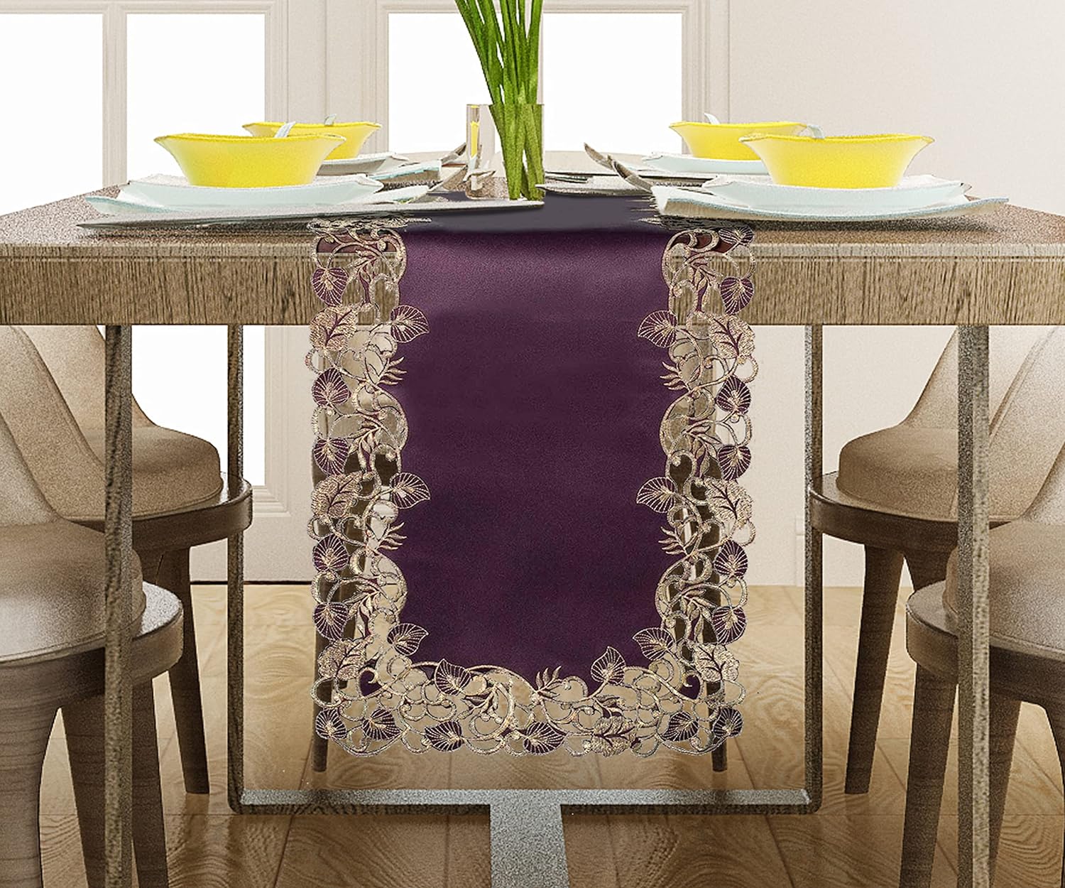 Velvet Plum – Plum Gold Table Runner, Tarantino Collection Artistic Dining Accent 14*108 inch