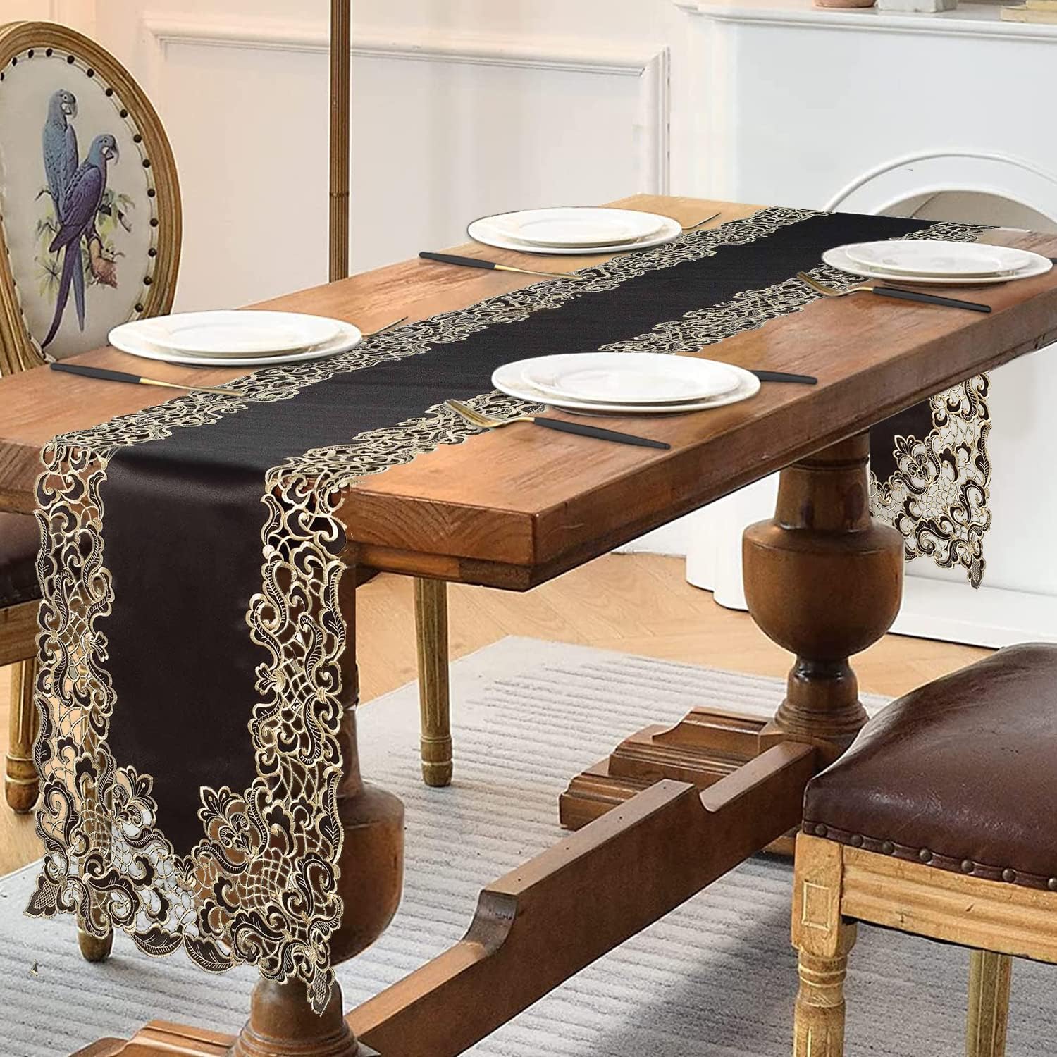 Noir Luxe – Black Gold Table Runner, Granada Collection Modern Decorative Runner 14*108 inch