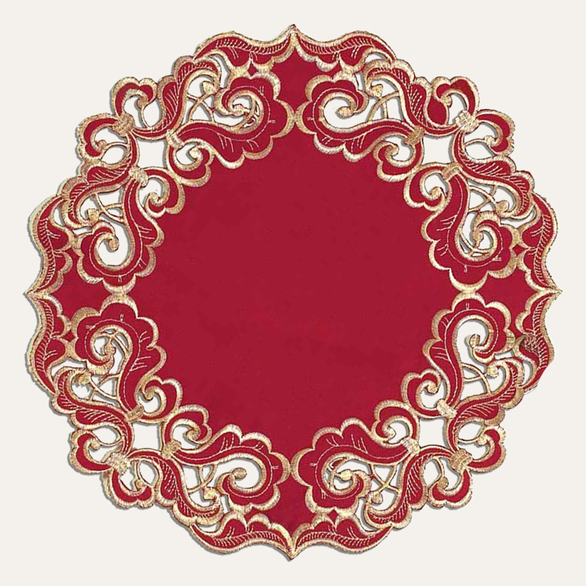 Crimson Glow – Burgundy Gold Table Doilies, Granada Collection Elegant Home Décor 15 inch