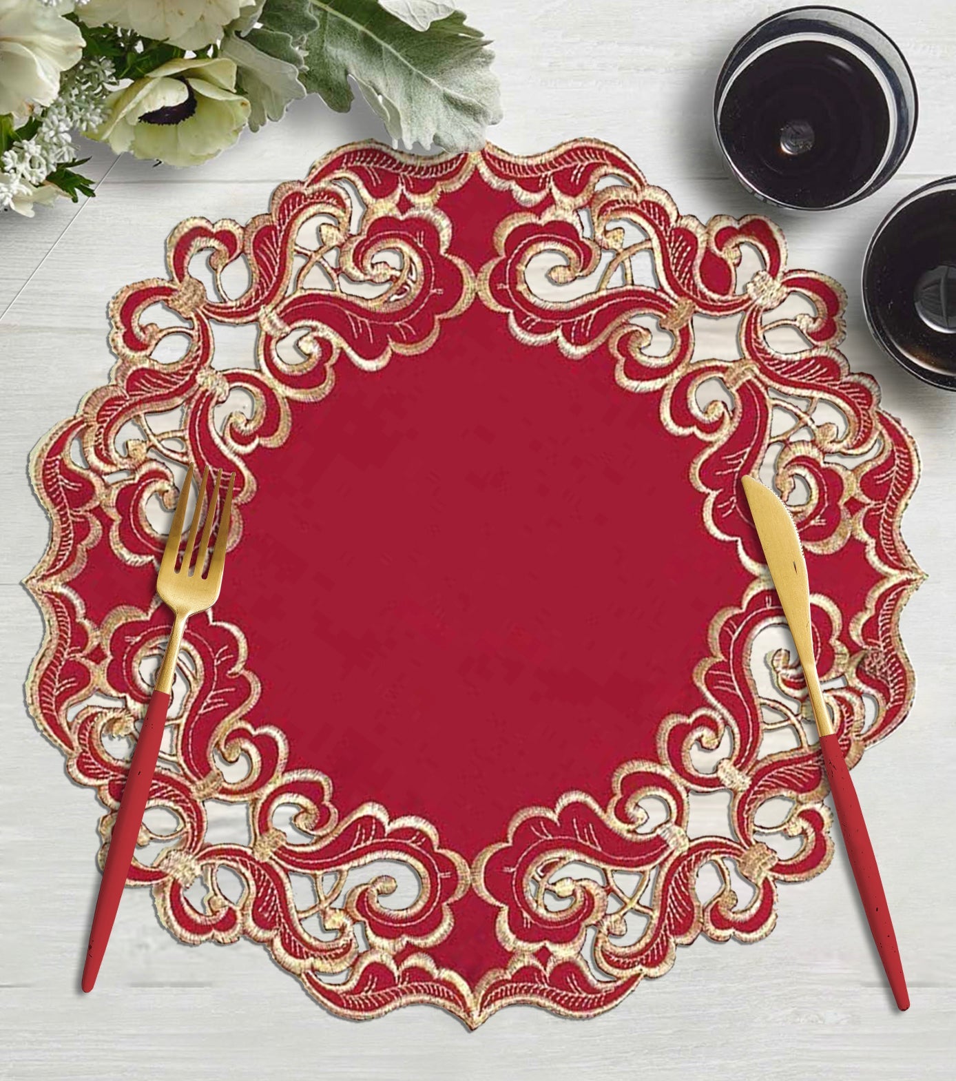 Crimson Glow – Burgundy Gold Table Doilies, Granada Collection Elegant Home Décor 15 inch