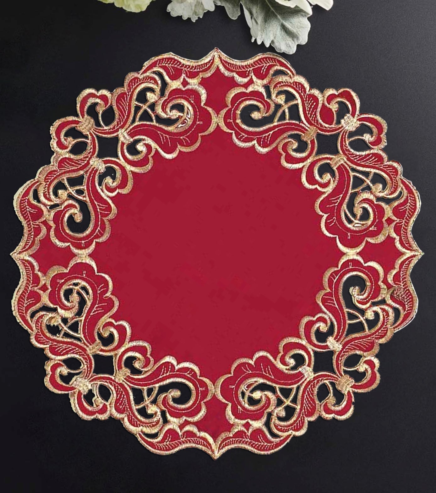 Crimson Glow – Burgundy Gold Table Doilies, Granada Collection Elegant Home Décor 15 inch