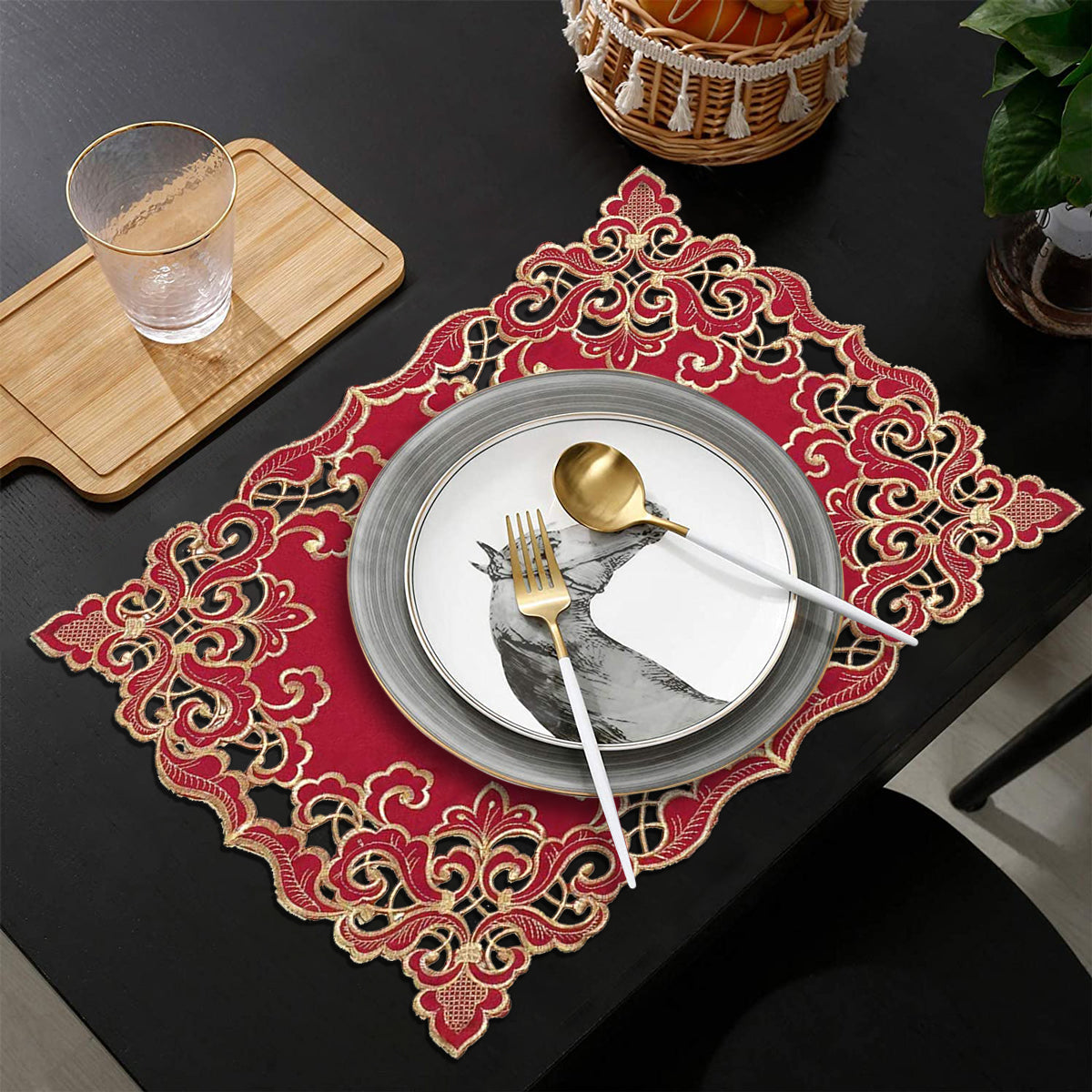 Crimson Glow – Burgundy Gold Table Placemats, Granada Collection Elegant Dining Décor 12*18 inch