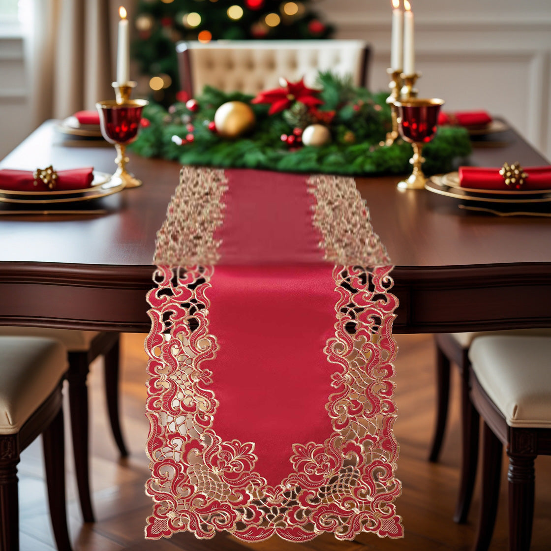 Crimson Glow – Burgundy Gold Table Runner, Granada Collection Elegant Home Accent 14*108 inch